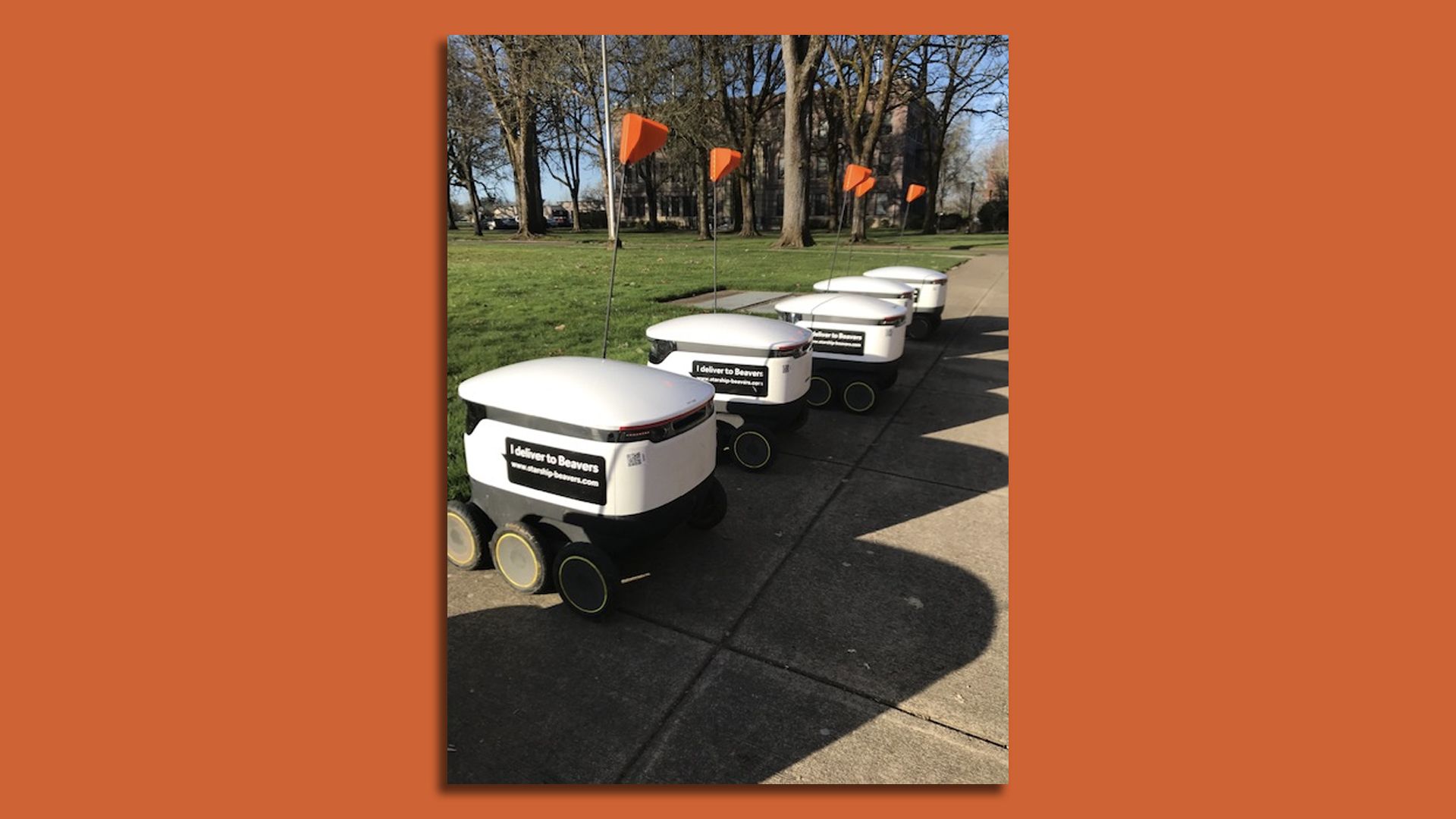 Delivery robots on the campus of the University of Oregon.