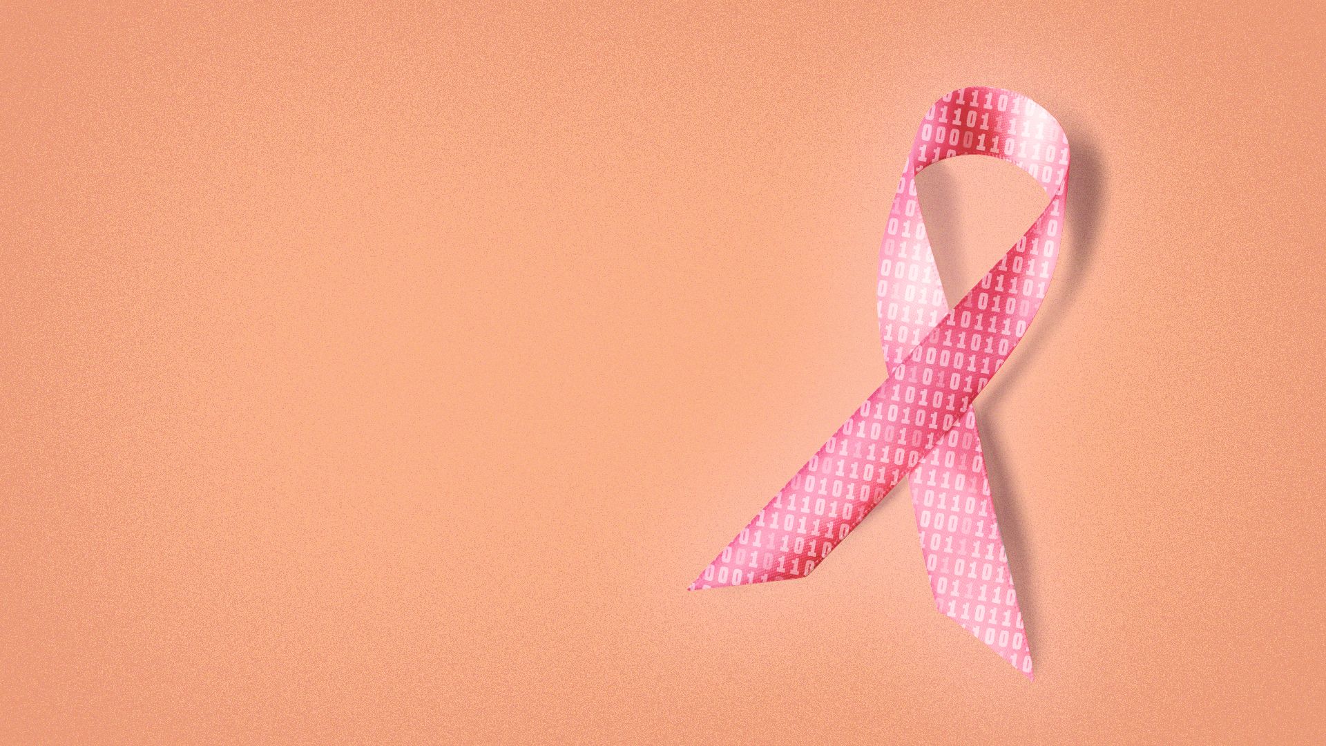 Illustration of a breast cancer awareness ribbon overlayed with binary code.