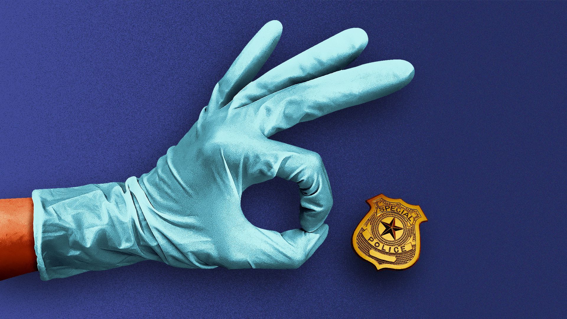 Illustration of a gloved hand about to flick a police badge. 