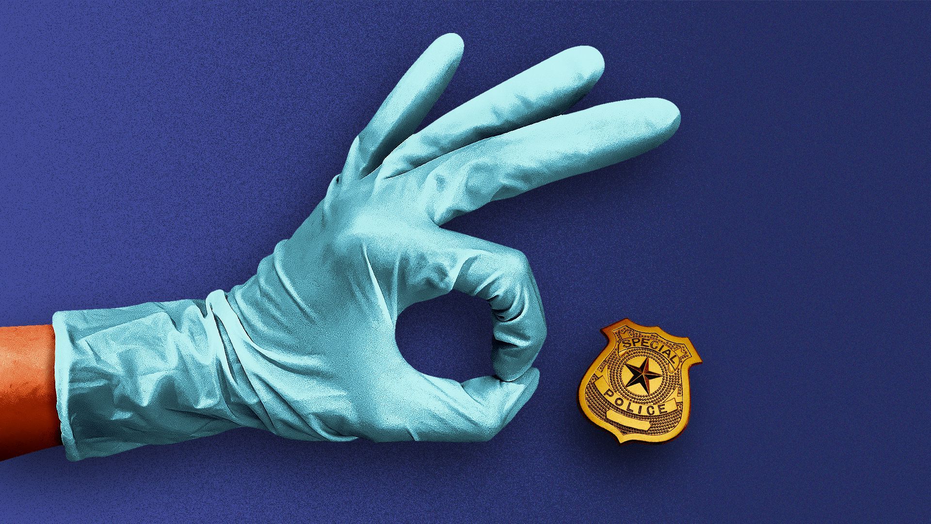 Illustration of a gloved hand about to flick a police badge.