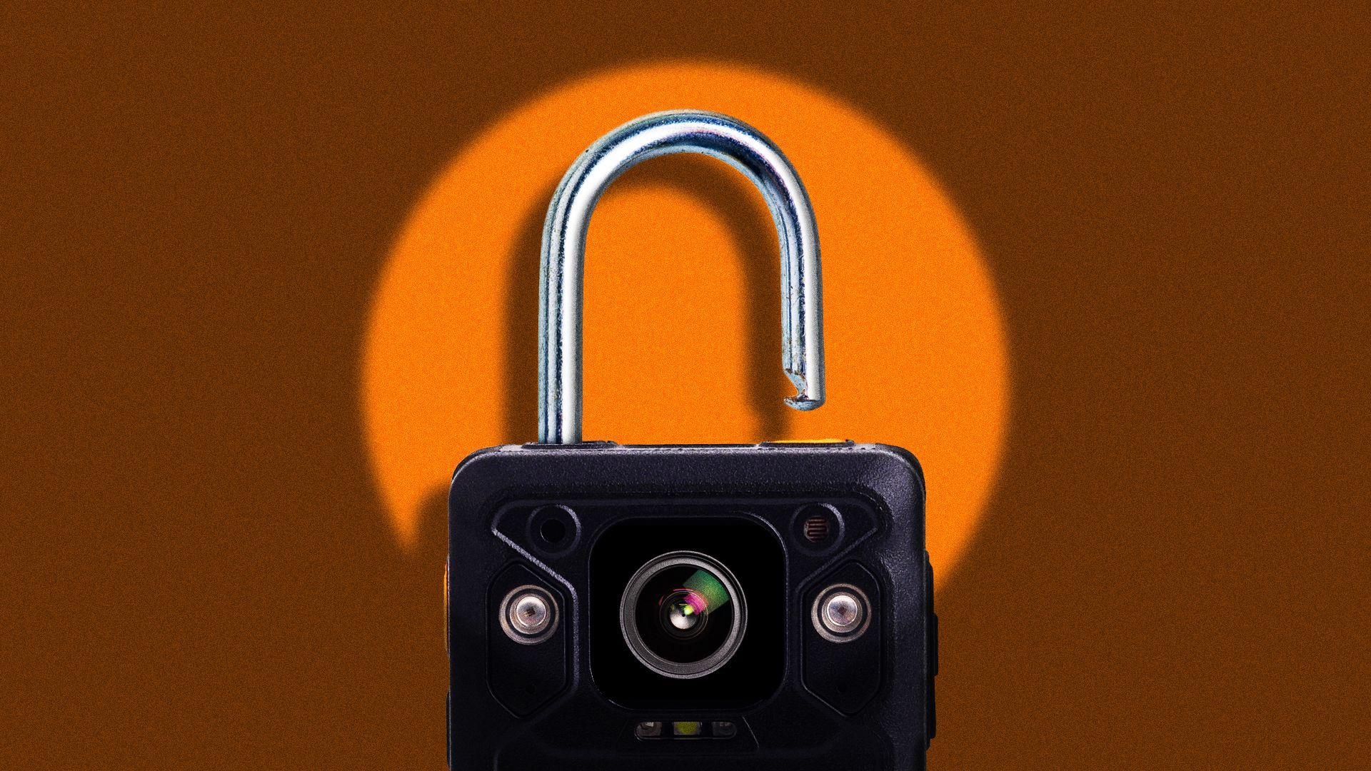 Illustration of a body cam with a padlock locking device. 