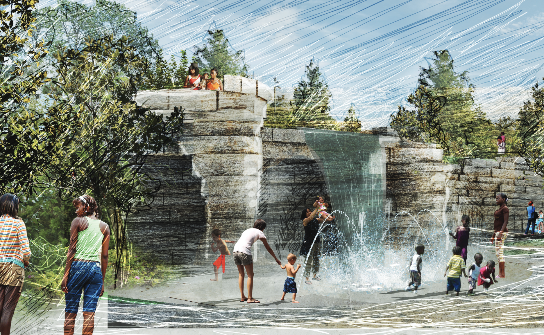 A rendering of a waterfall wall. 