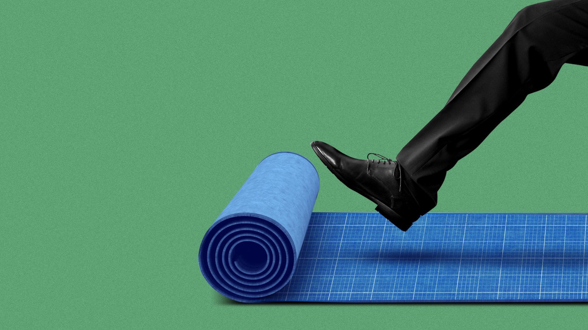 Illustration of a leg kicking out a roll of blueprint paper as if it were a red carpet. 