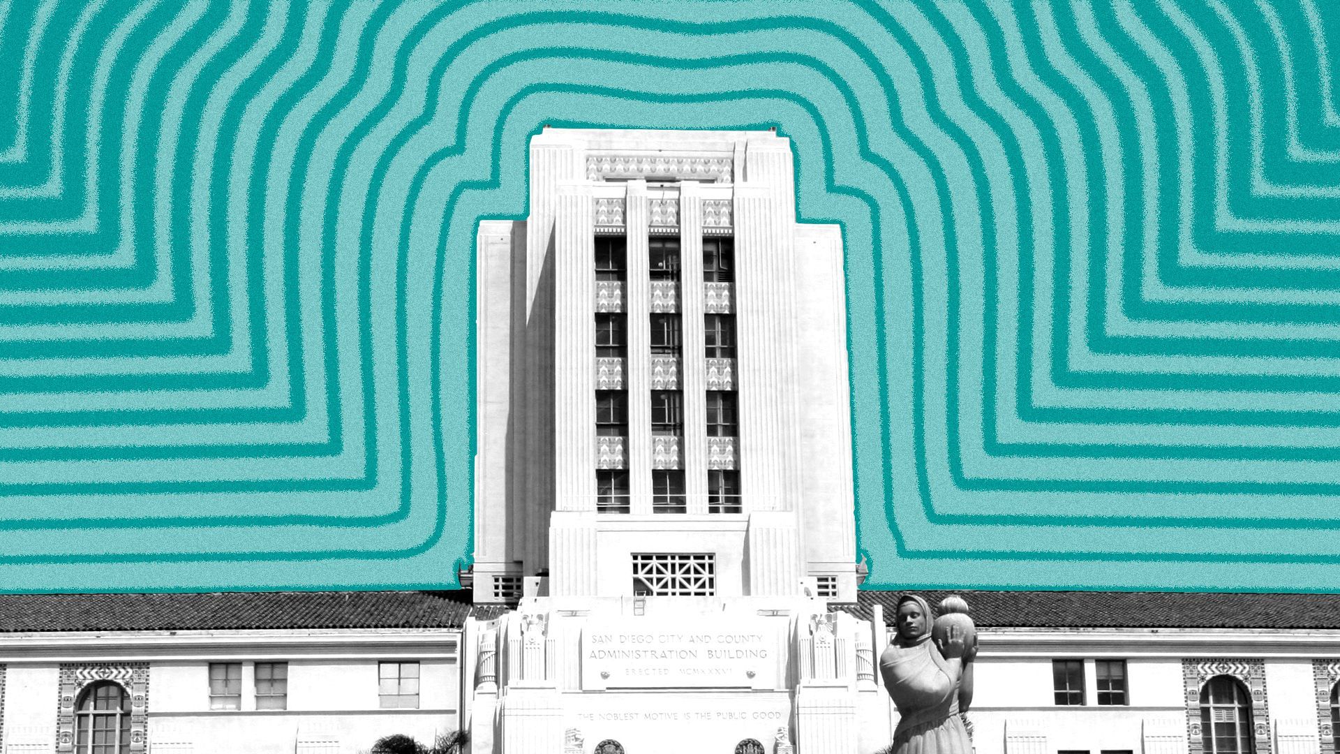 Illustration of San Diego City Hall with lines radiating from it.