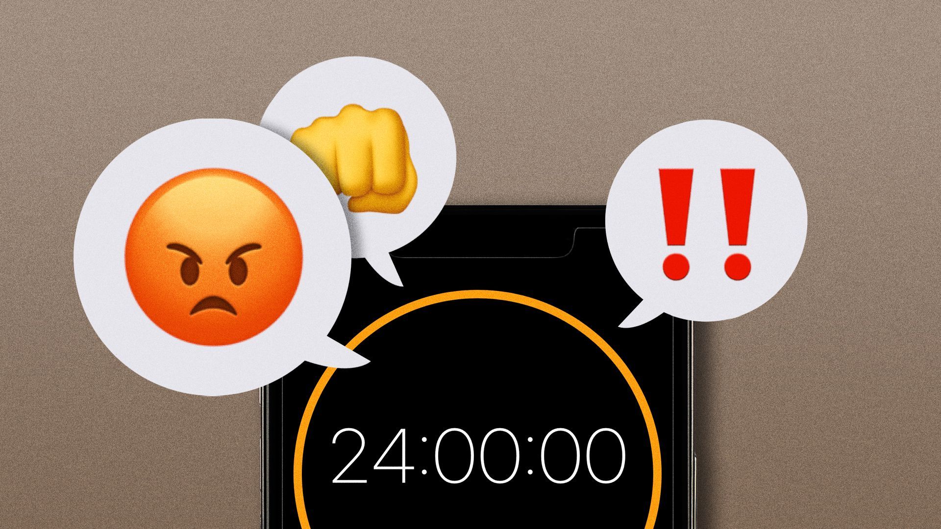Illustration of a twenty-four-hour timer on a cell phone surrounded by angry emojis. 