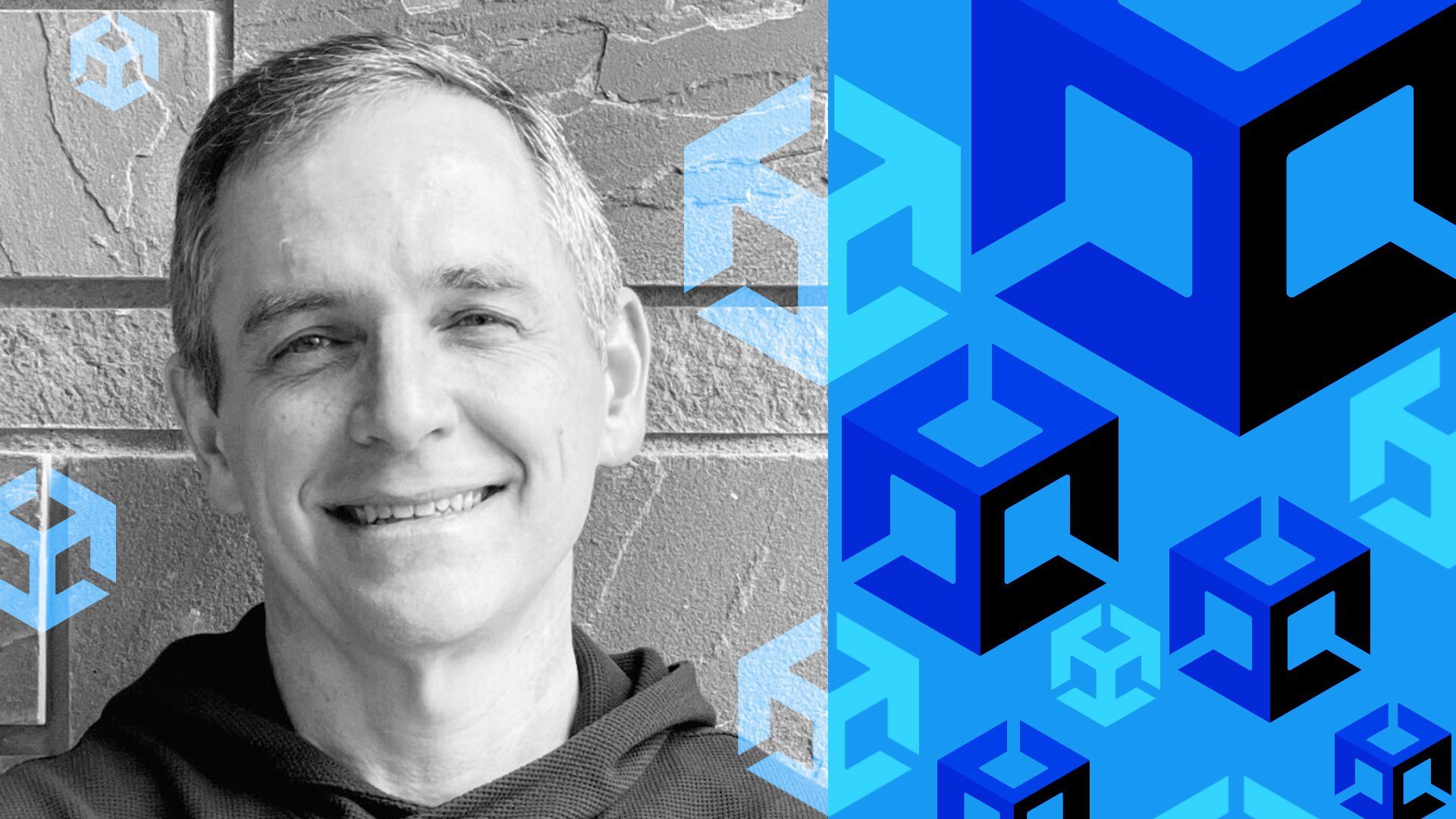 Photo illustration of Marc Whitten and a pattern of Unity logos.