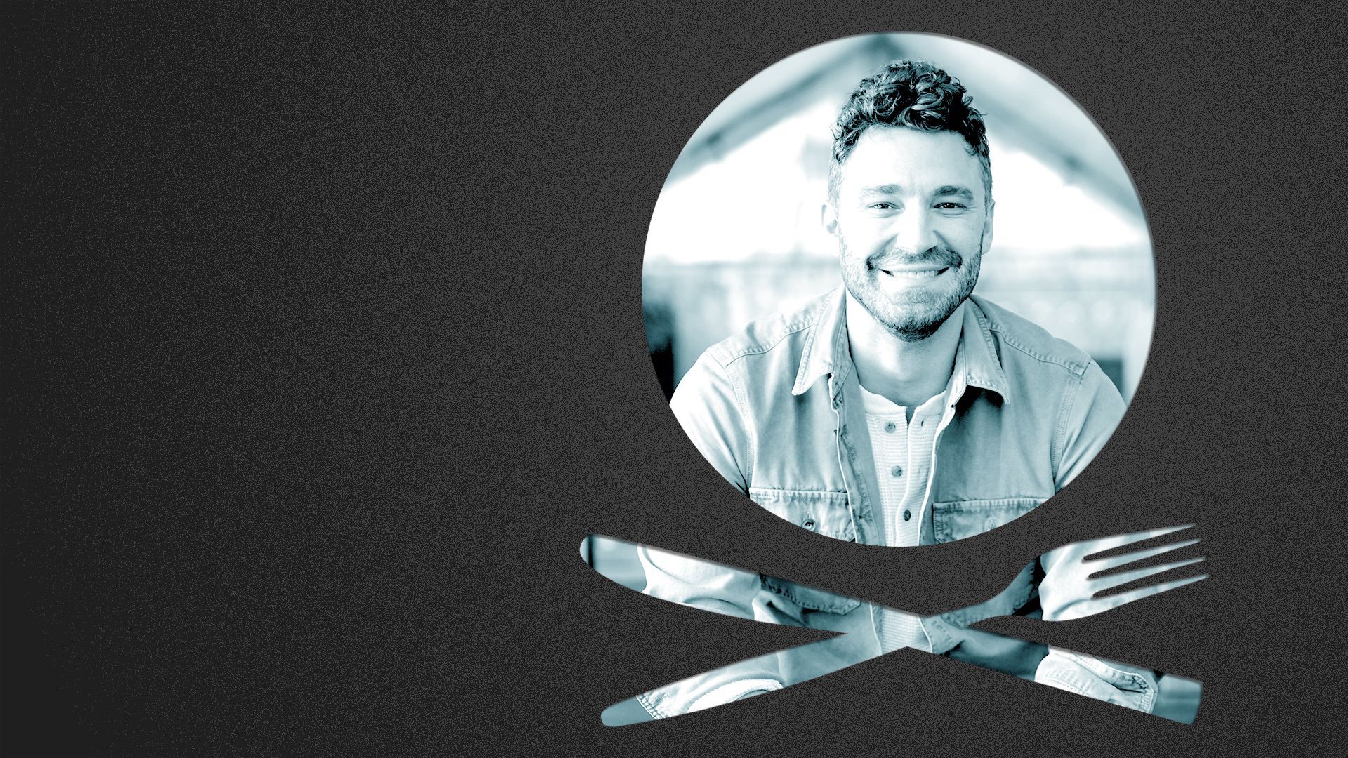 Photo illustration of a place setting shaped like a skull and crossbones containing a photo of Garrett Benedict.