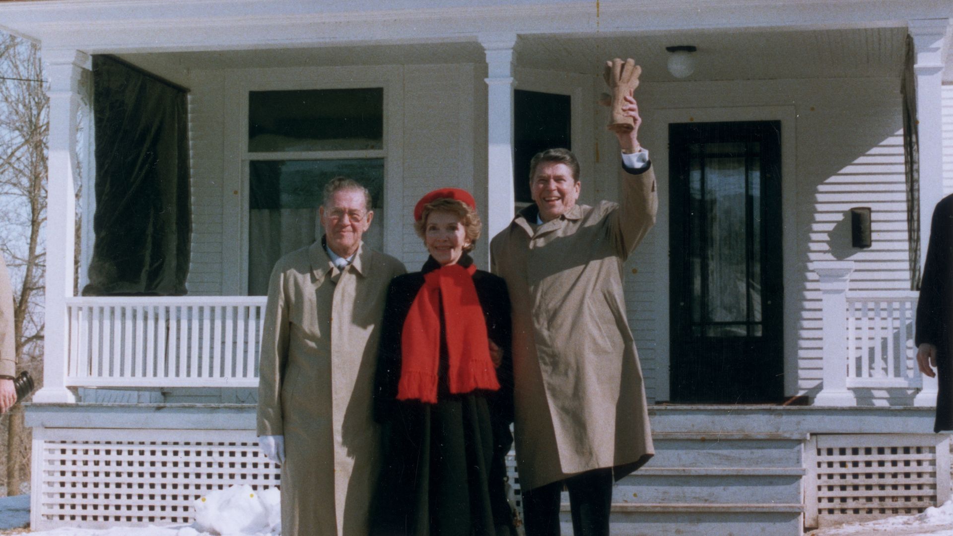 President Reagan, First Lady Nancy Reagan and his brother, Neil, visit the Reagans' boyhood home in 1984.