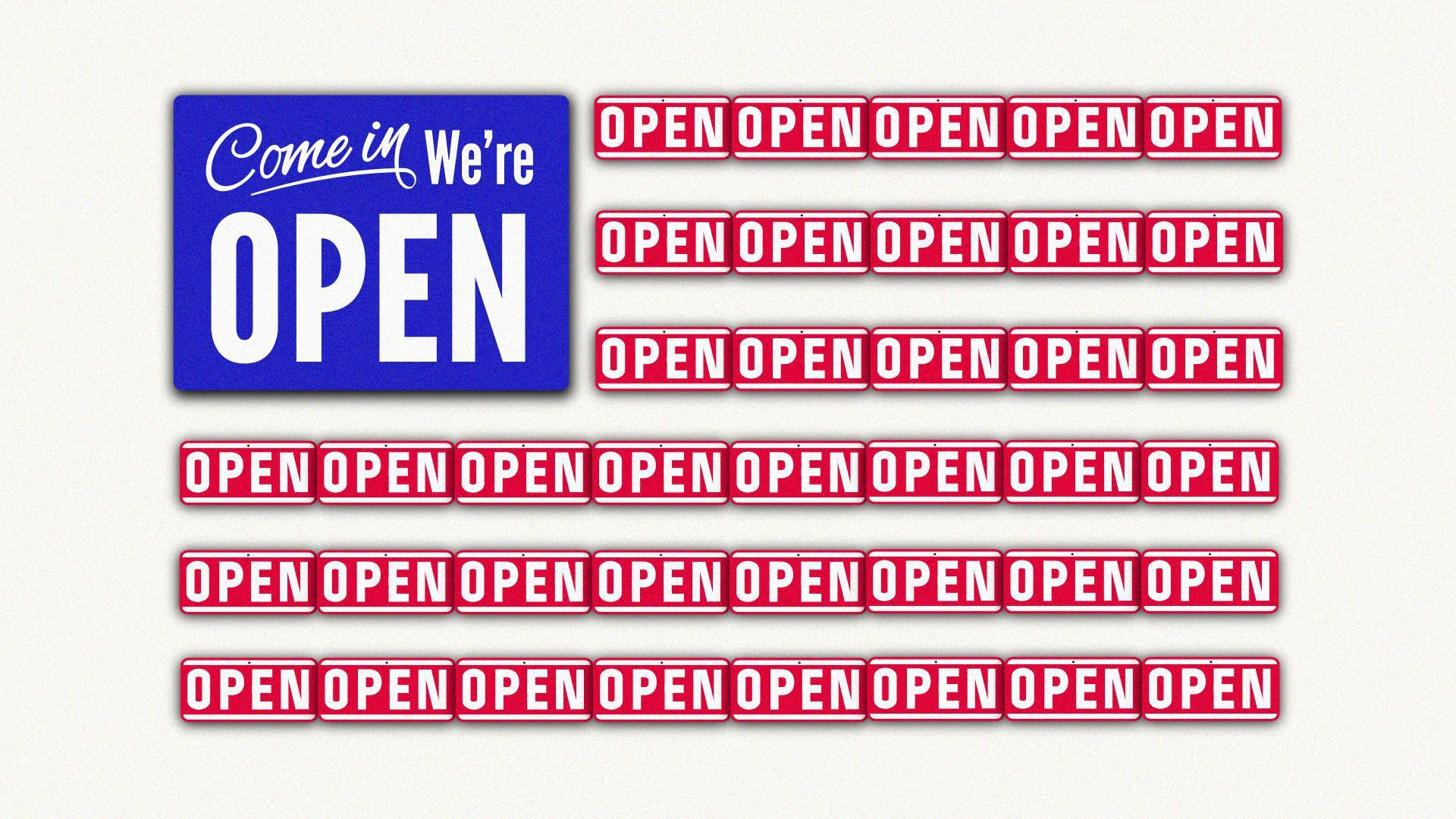 Illustration of "open" signs in the shape of the U.S. flag.