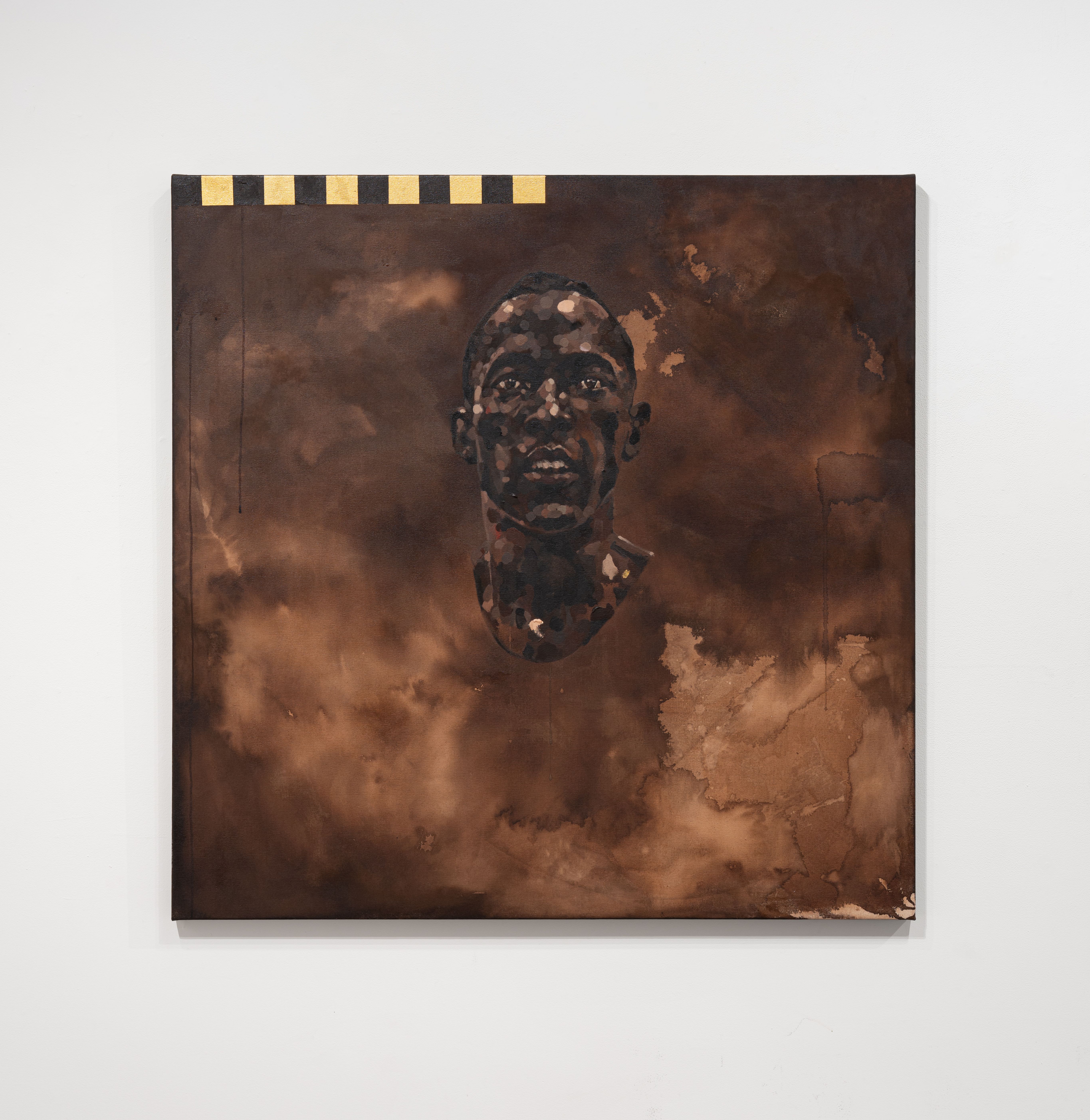 Dark-toned portrait on a brown cloudy background. A strip of gold squares on black runs along the top edge, like a ruler. Painted artwork mounted on a white gallery wall with a soft shadow.