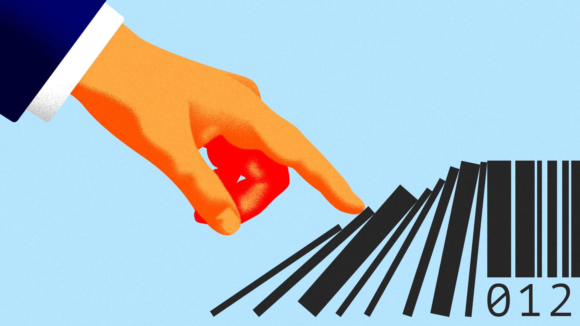 Illustration of Donald Trump's hand pushing over a barcode as if it were dominoes.