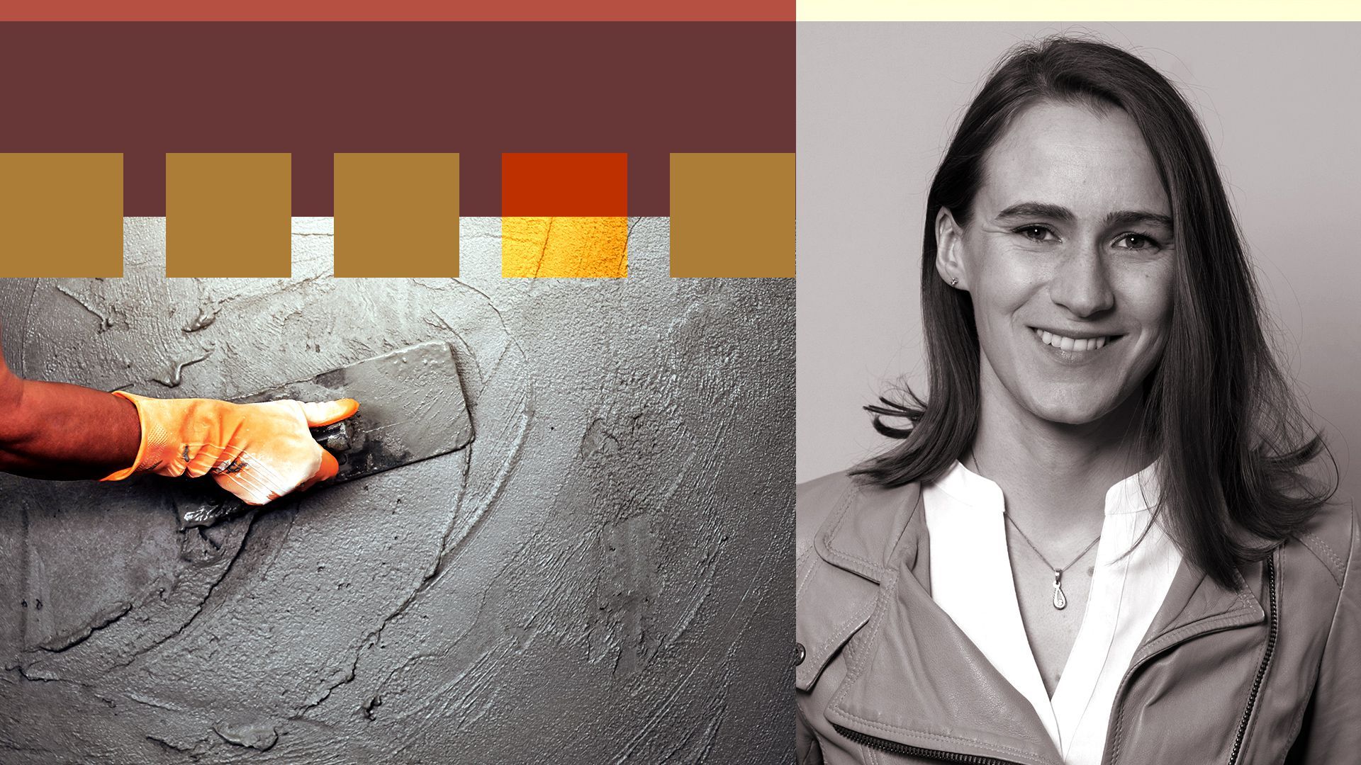 Photo illustration of Leah Ellis with an image of someone spreading cement.