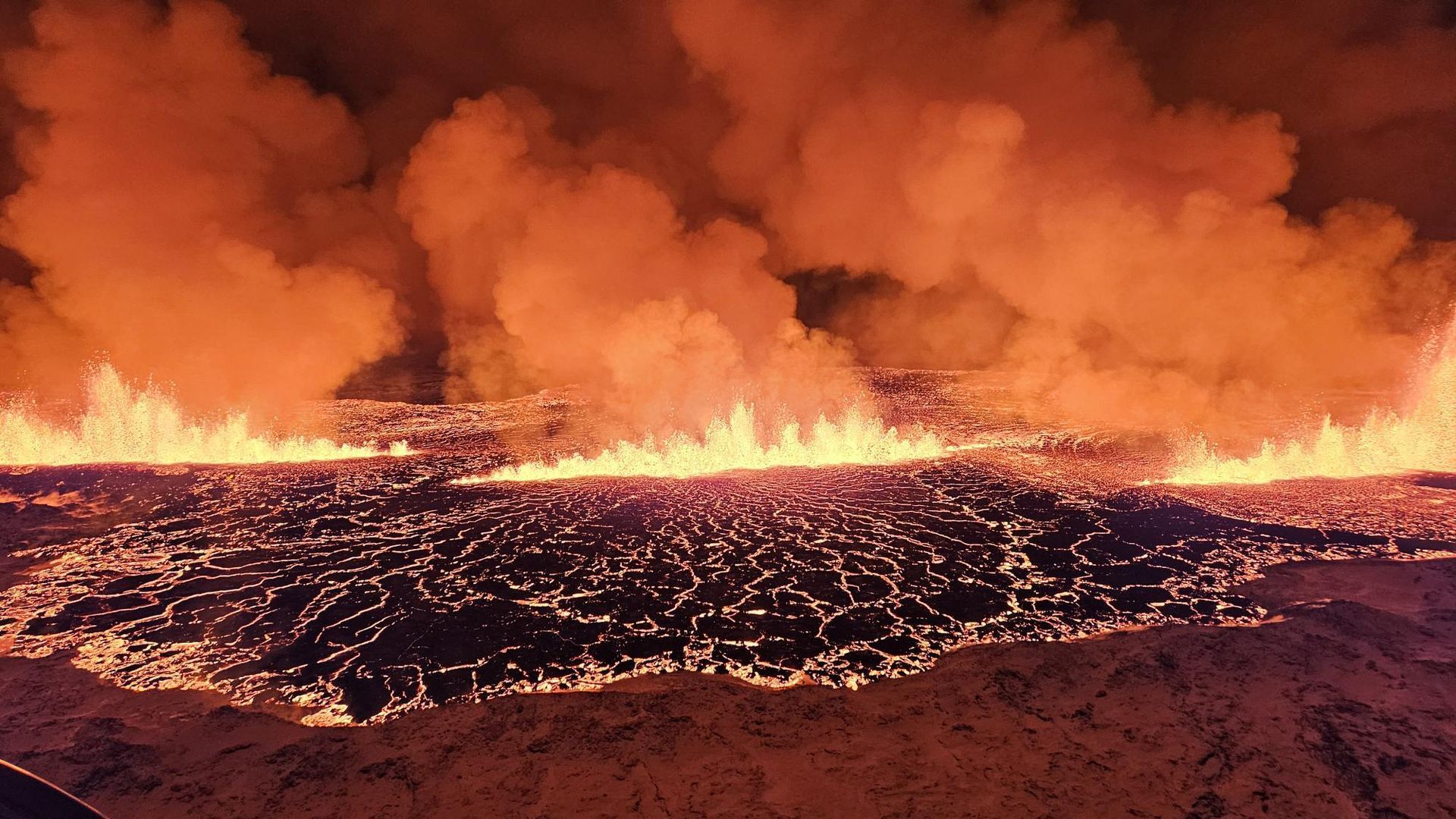 Lava spewing from the erupting volcano on the Reykjanes peninsula, just north of Grindavik, on Monday, Dec. 18.