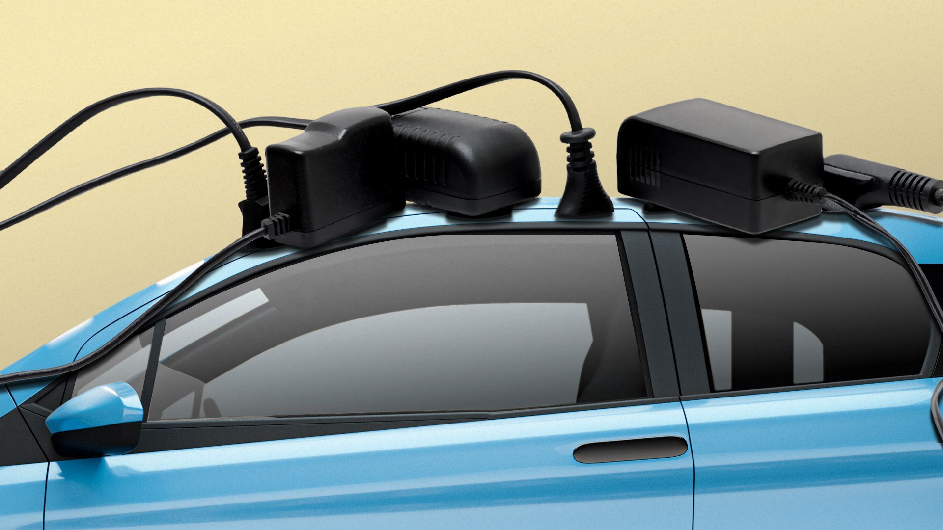 Illustration of six different cords plugged into the roof of an electric car.