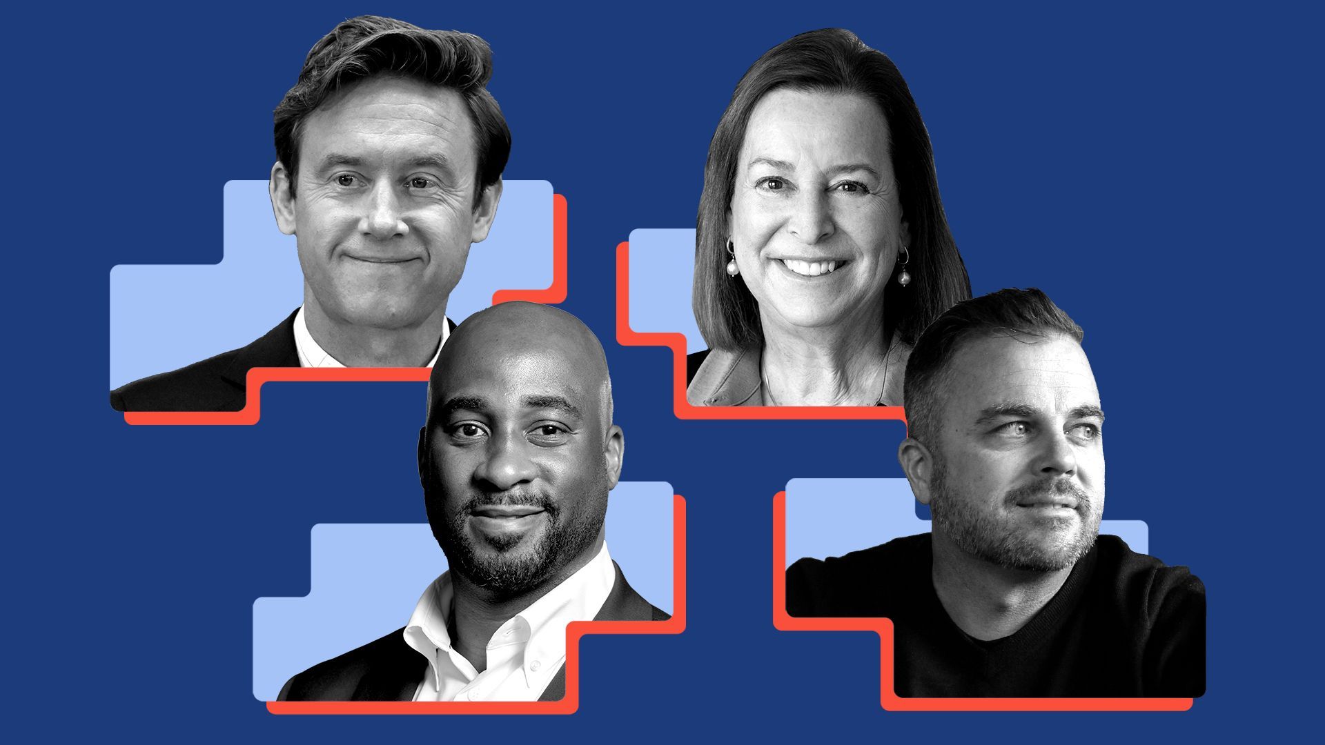 Photo illustration of a collage of Mike Johnston, Nancy Whiteman, Kelly Whitaker, and Damani Leech framed by stair-like shapes.