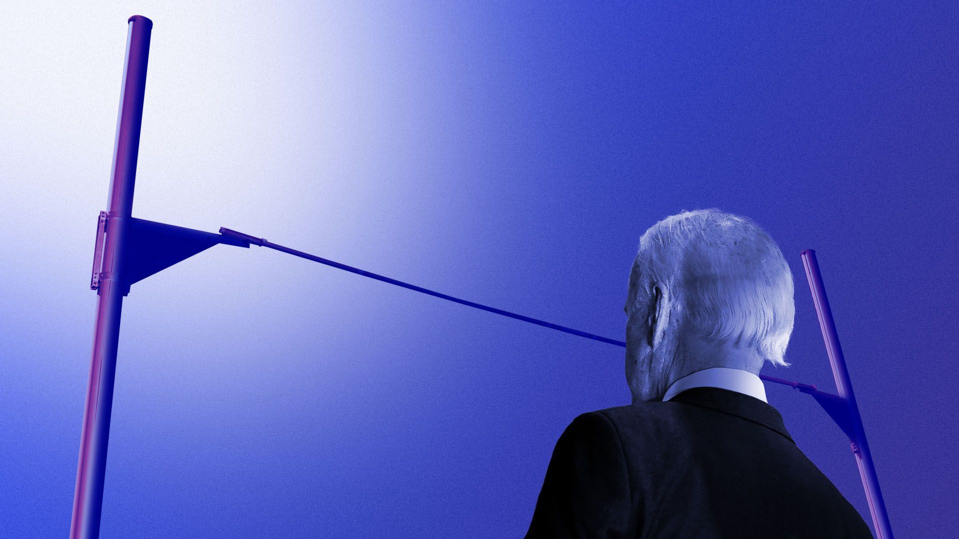 Illustration of Joe Biden looking up at a pole vault bar
