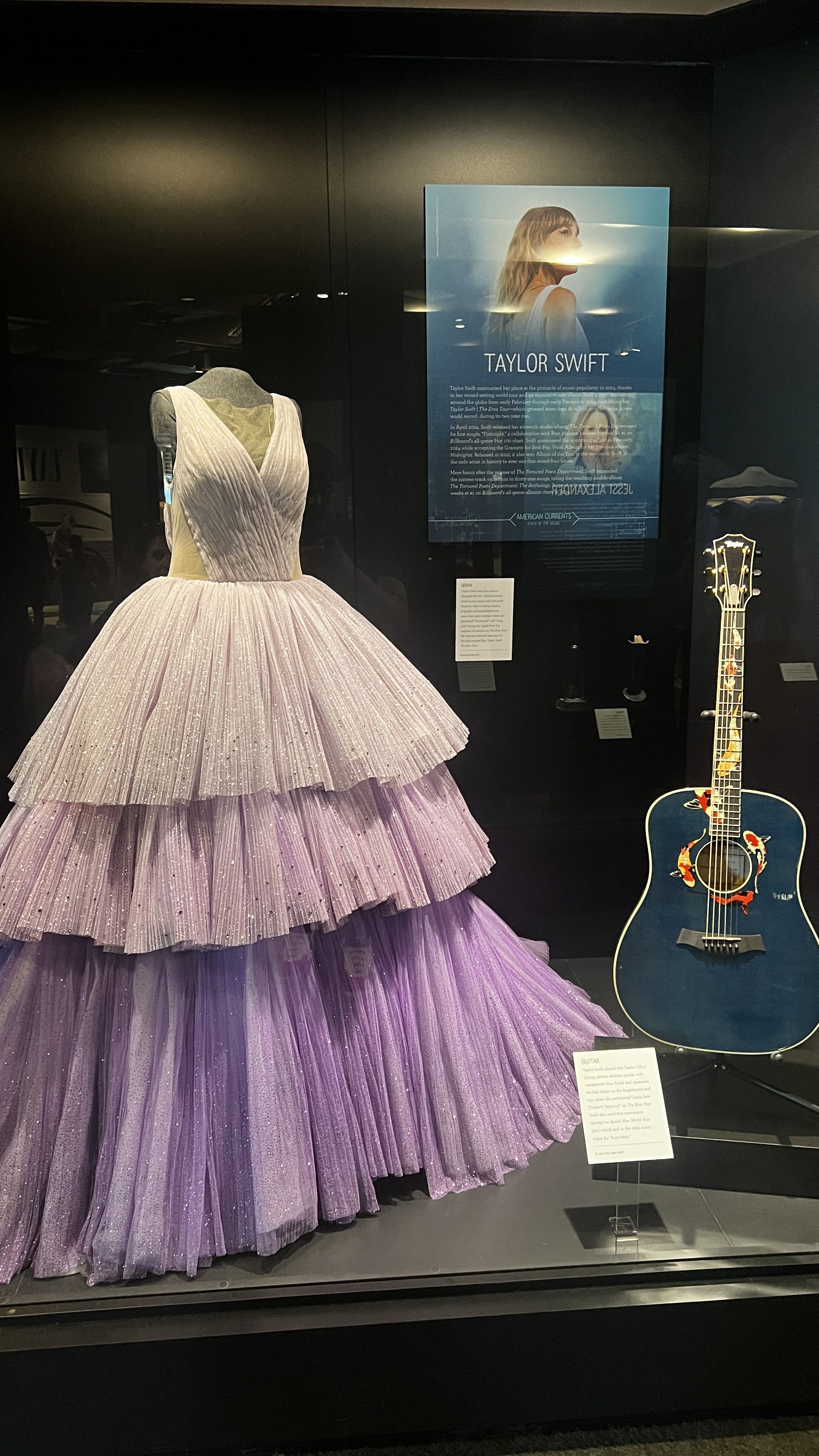 Taylor Swift's dress next to a guitar in a glass case. 