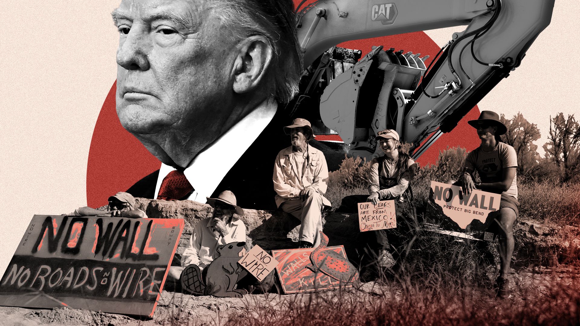 Photo illustration of President Trump, an excavator, and protestors holding signs at Santa Elena Canyon in Big Bend National Park