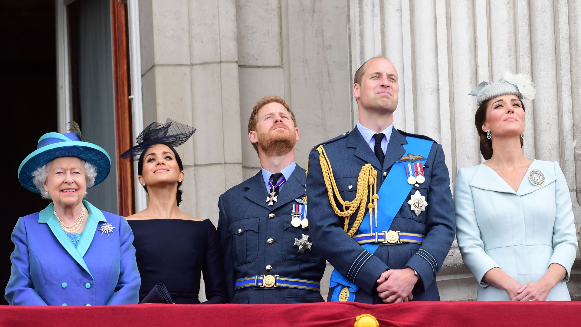 Britain's Queen Elizabeth II, Britain's Meghan, Duchess of Sussex, Britain's Prince Harry, Duke of Sussex, Britain's Prince William, Duke of Cambridge and Britain's Catherine, Duchess of Cambridge.