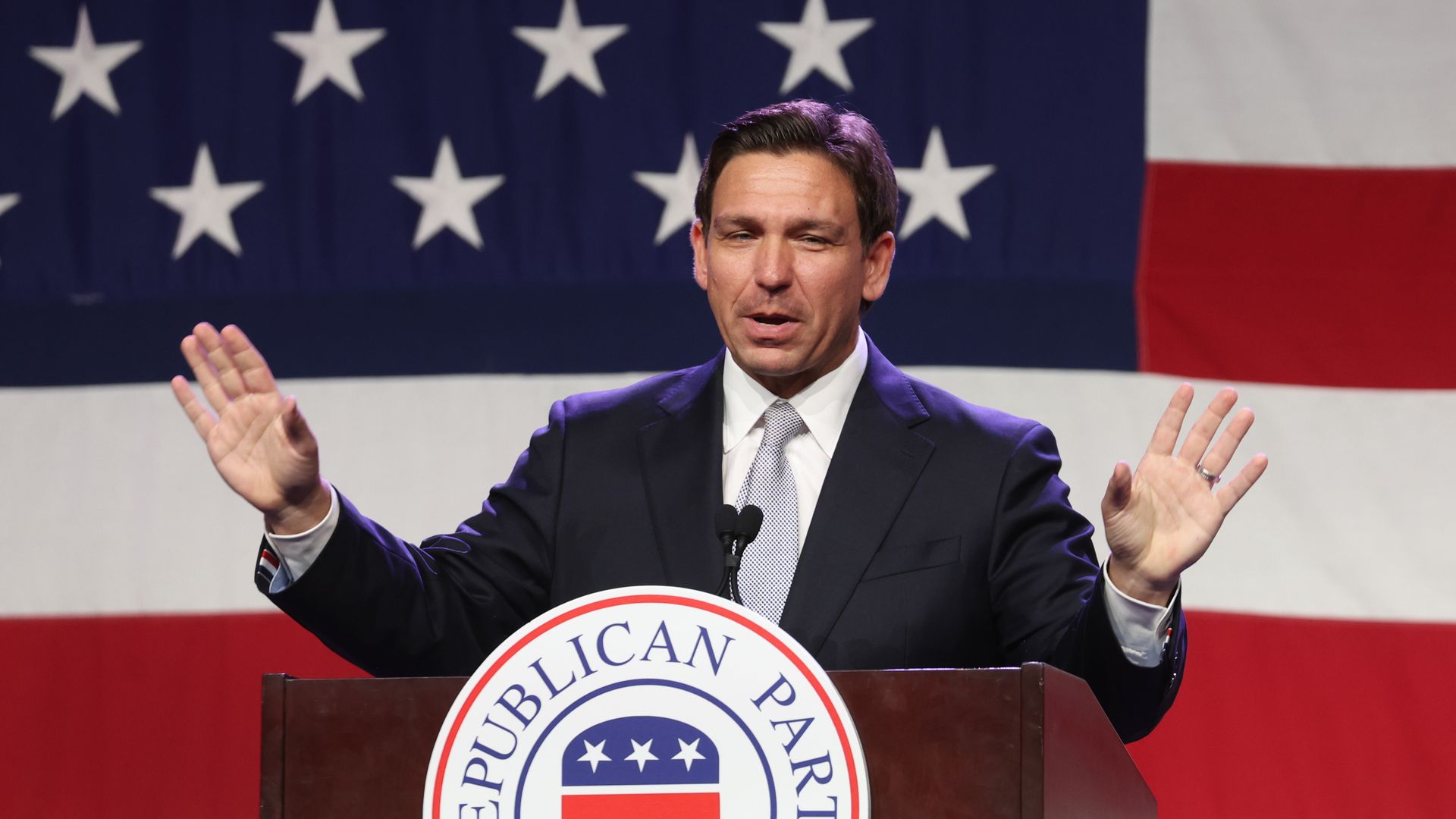 Republican presidential candidate Florida Governor Ron DeSantis speaks to guests at the Republican Party of Iowa 2023 Lincoln Dinner on July 28, 2023 in Des Moines, Iowa