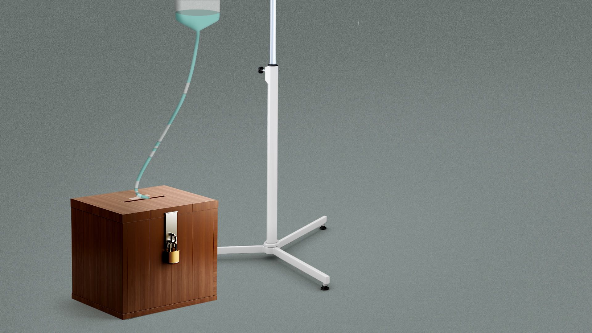 Illustration of a ballot box hooked up to an IV. 