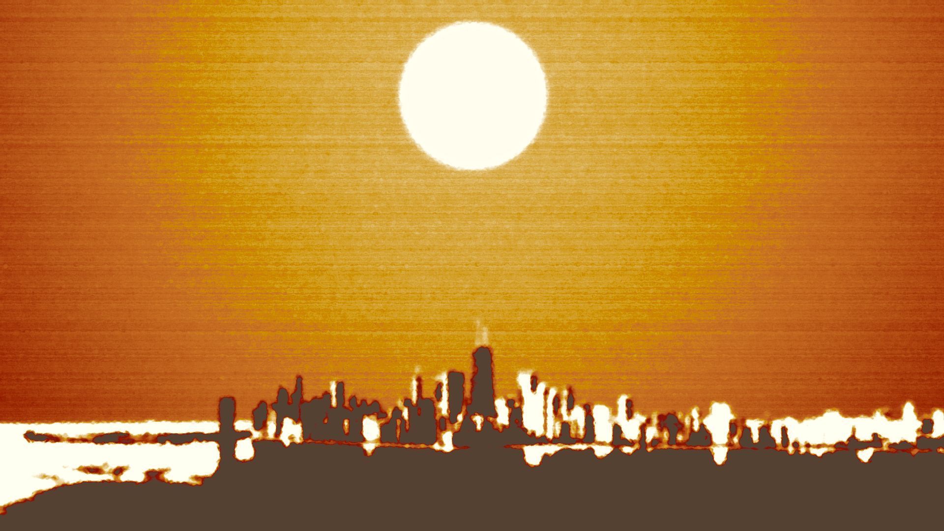 Illustration of the Chicago skyline under a hot sun.