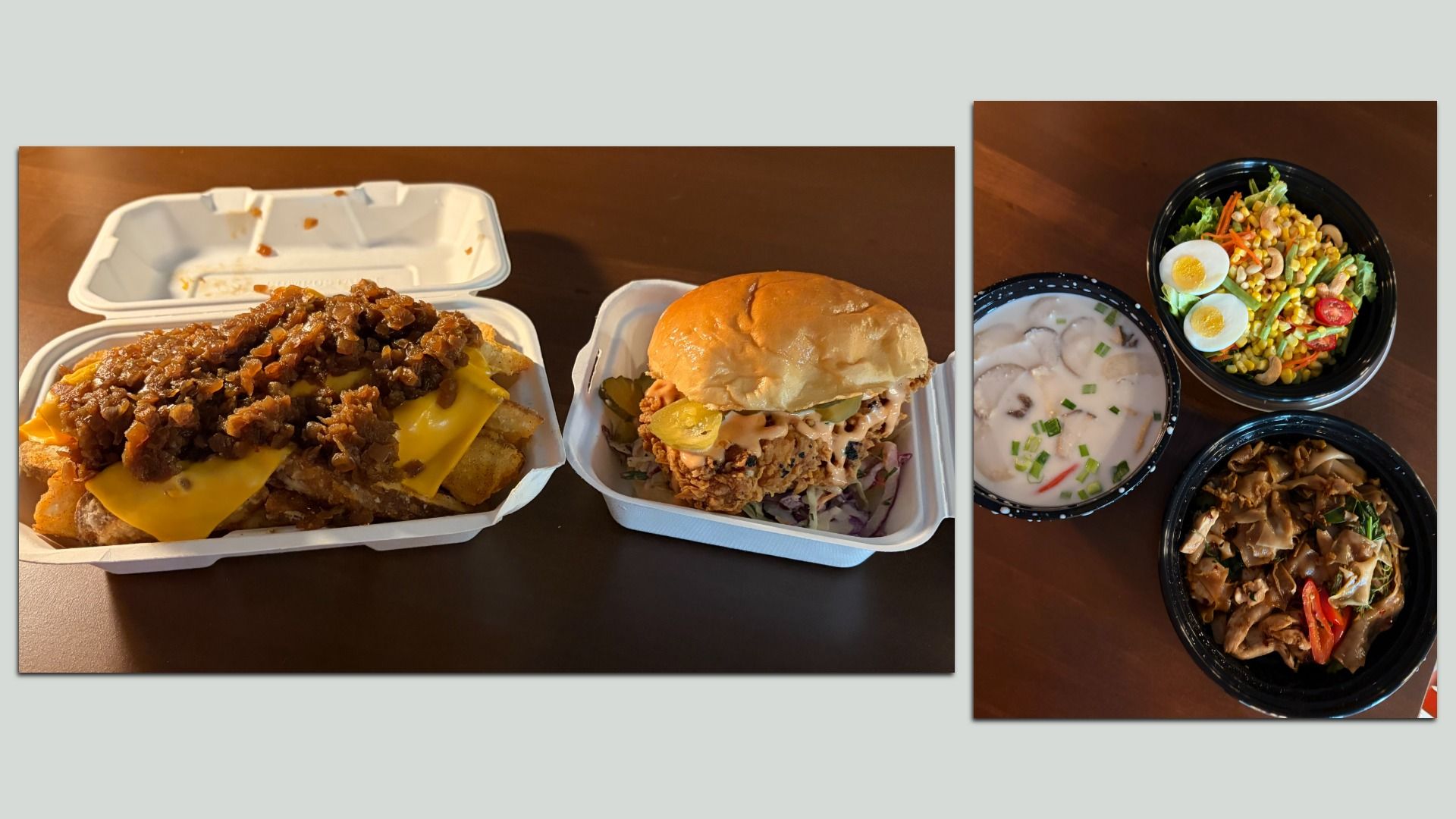 Collage of meals: left shows a cheeseburger with cheese and beef in a white takeout box, and a crispy chicken sandwich; right shows three bowls with salad, eggs, corn, and beef with mushrooms.