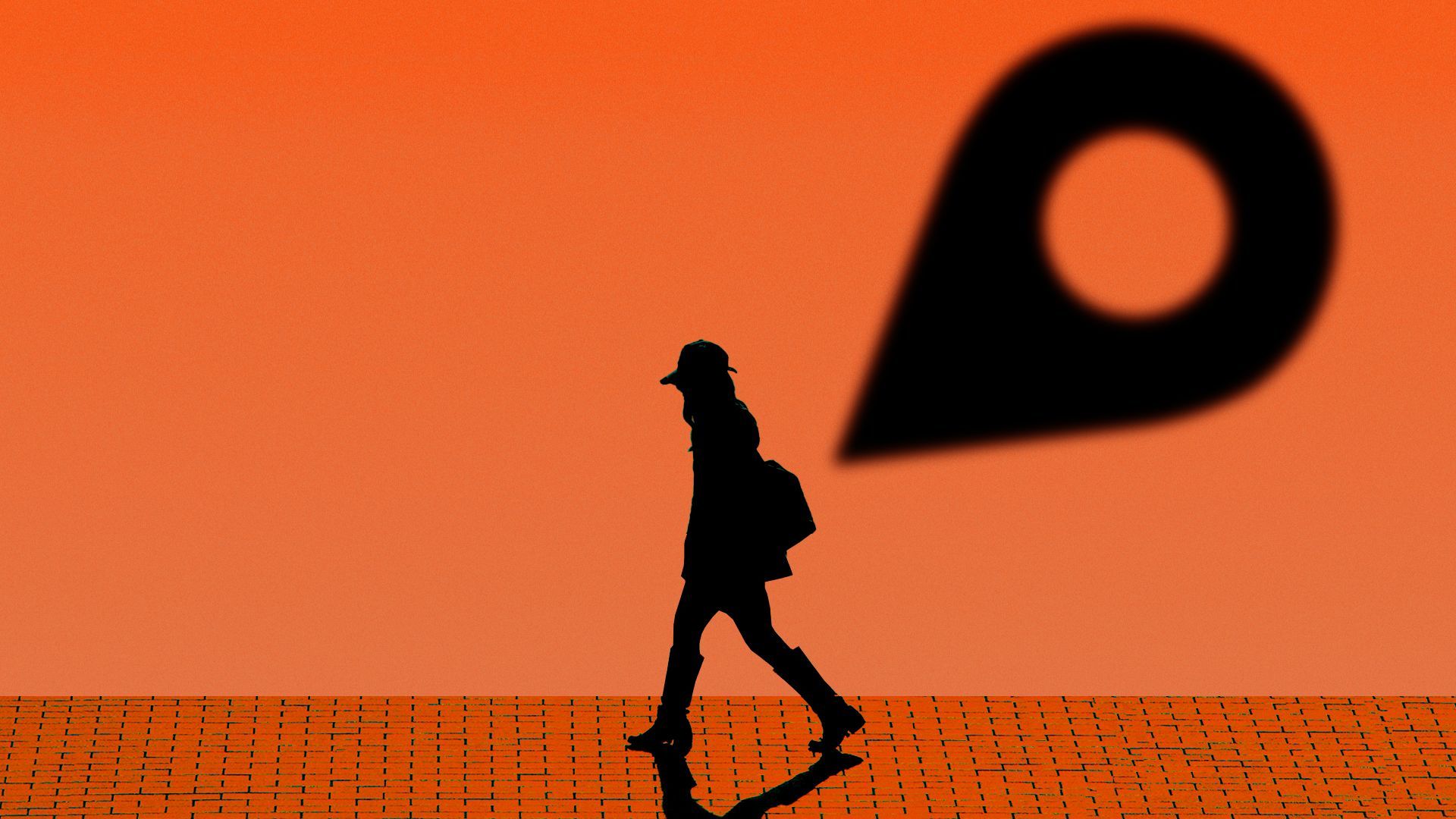 Illustration of a silhouetted person walking with a large, shadowy location pin following them.