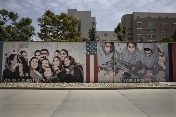mural at US Embassy in Kabul, July 2021
