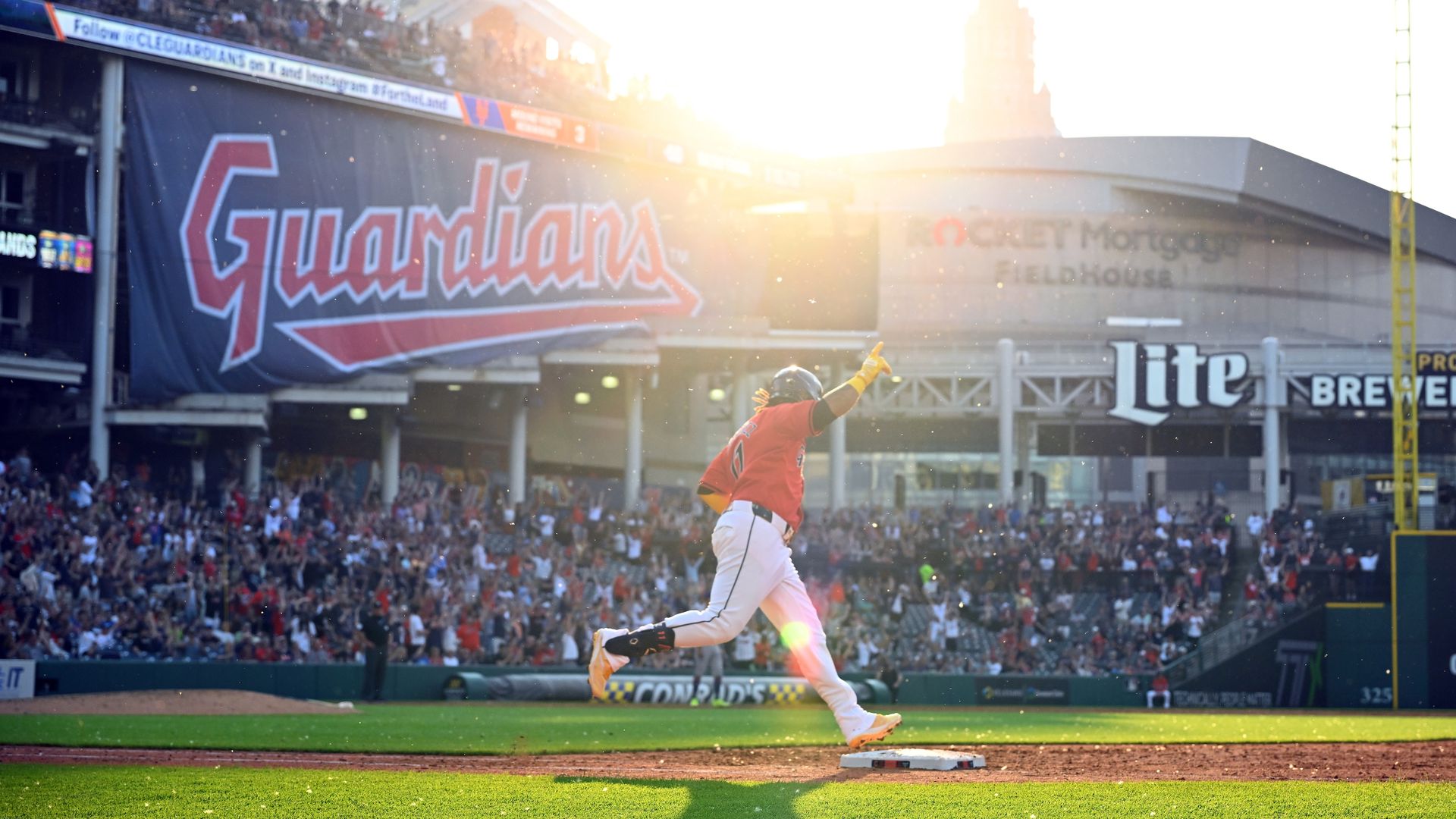 Guardians hitter Jose Ramirez rounds the bases.