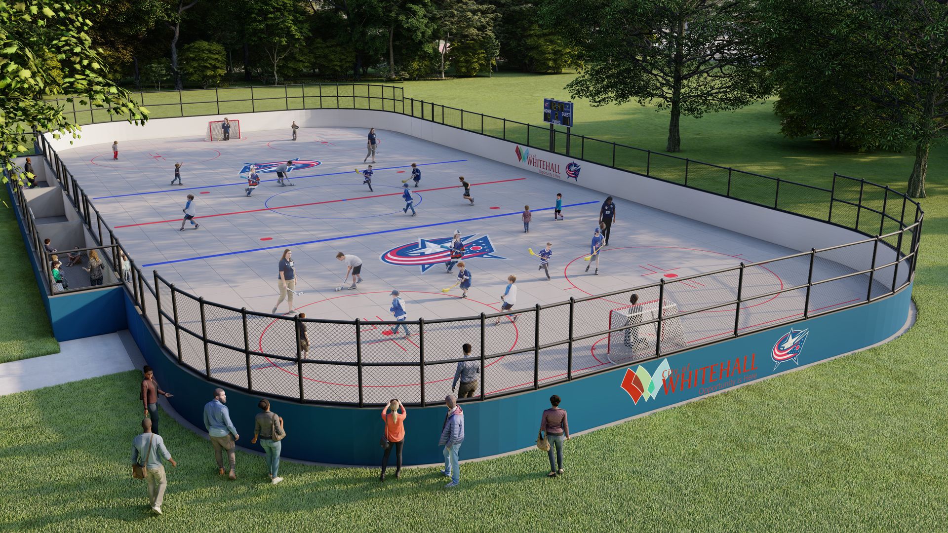 A street hockey rink in a municipal park. 
