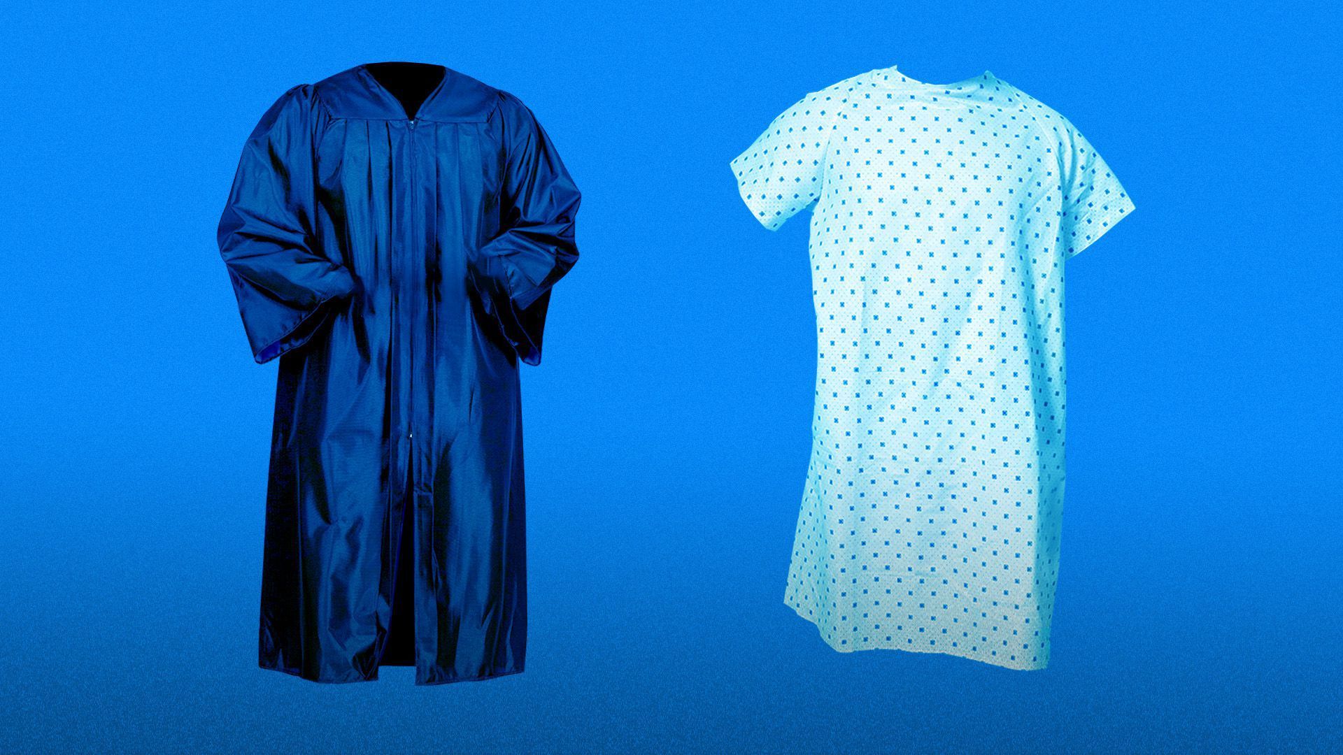 An empty judge's gown is next to an empty patient's gown