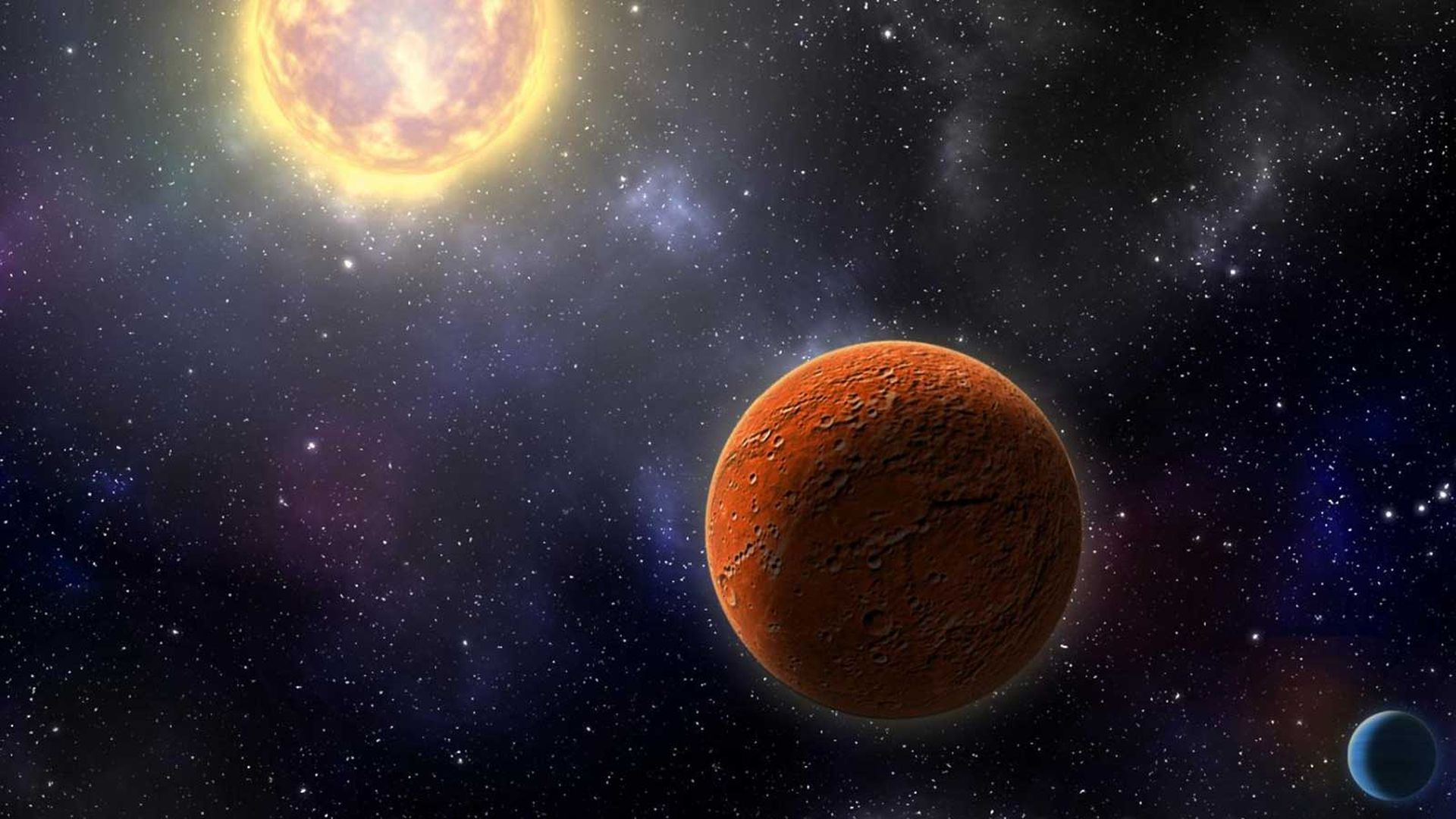In this image, a red planet orbits a bright yellow sun. 