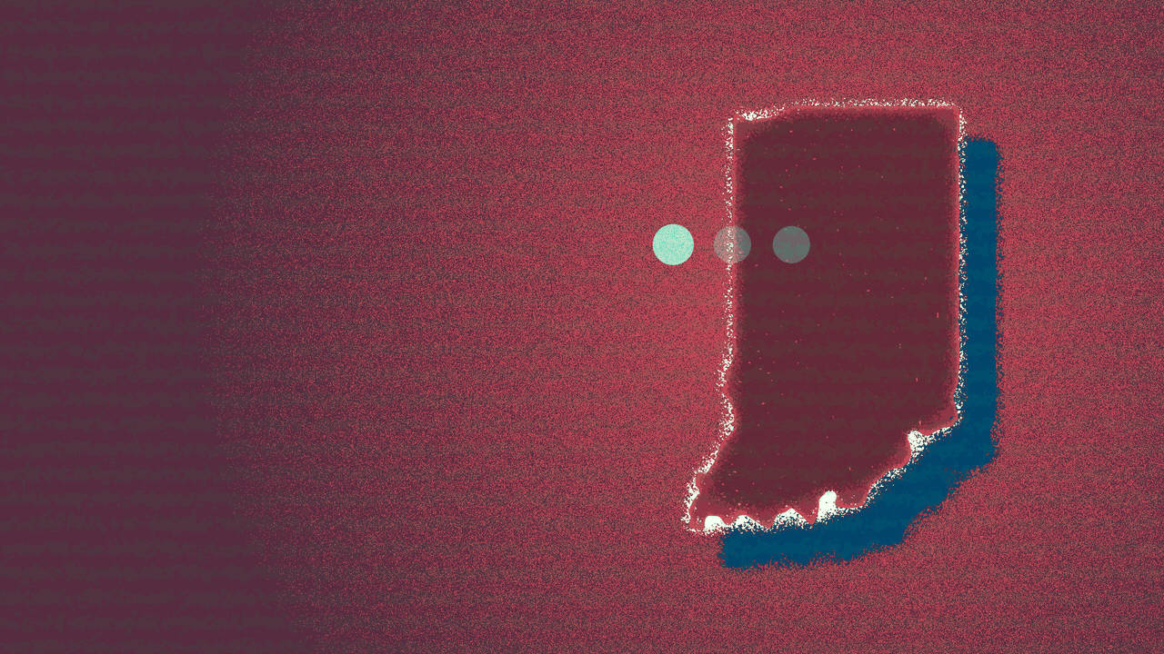 Animated illustration of the state of Indiana glitching, with an ellipsis cycling through its dots on top of it.