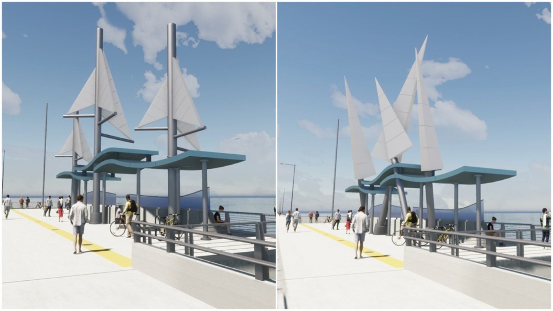 Two versions of sails -- classic schooner sails and modern Marconi sails -- proposed along the Howard Frankland Bridge.