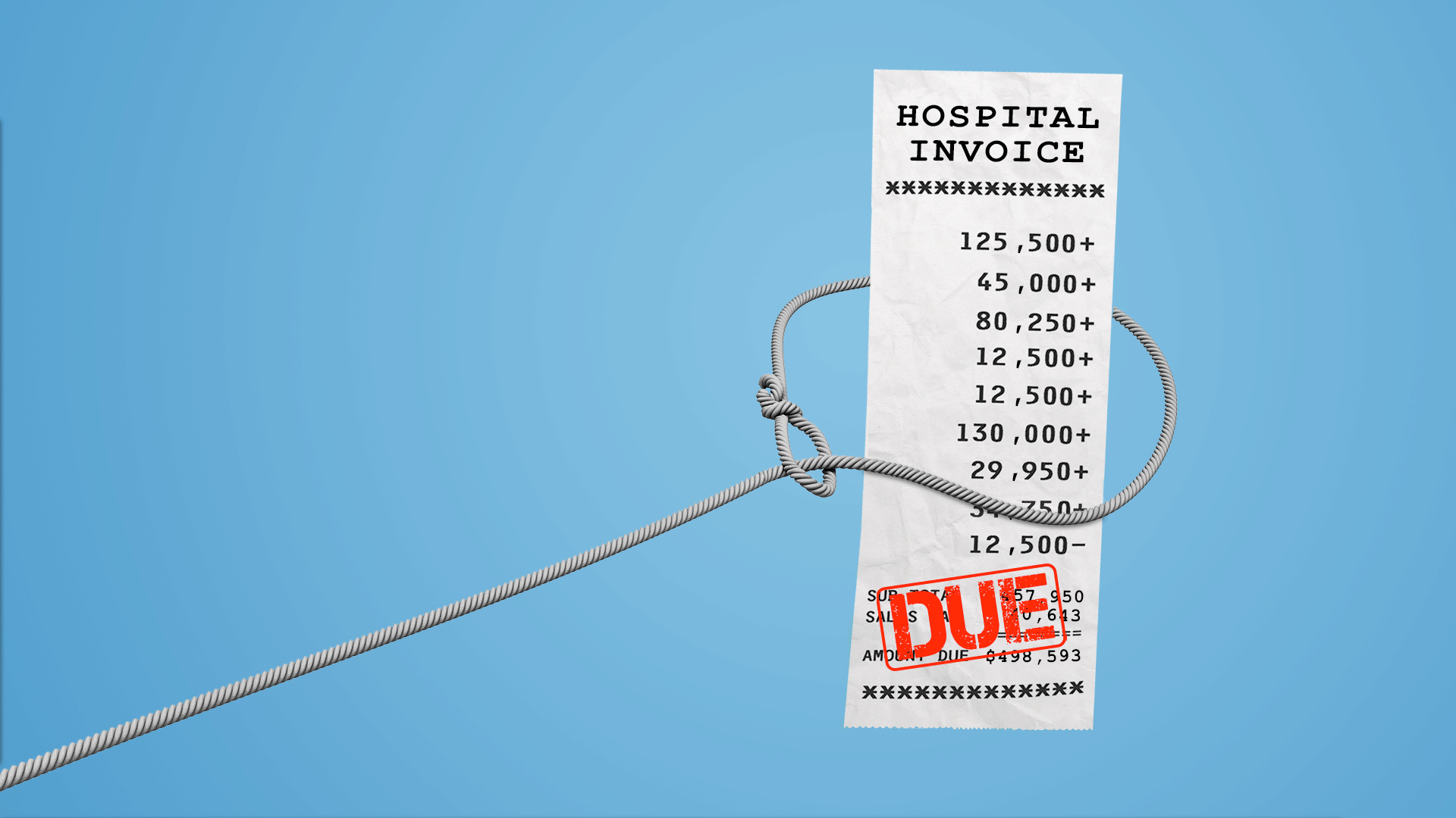 In this illustration, a lasso is pictured around a hospital a bill with a large INVOICE at the bottom of it.