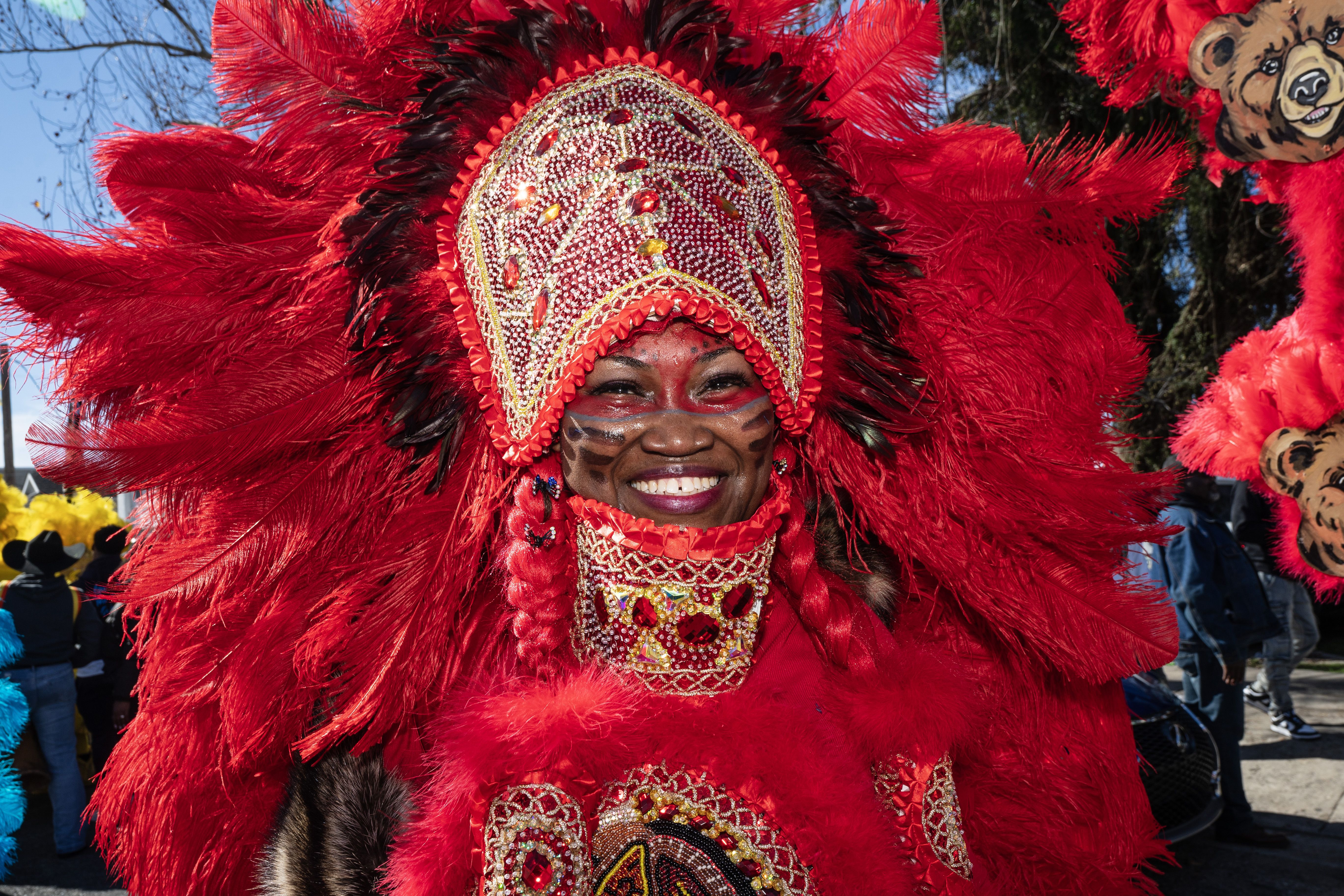 Photo shows a Mardi Gras Indian in a colorful feathered suit