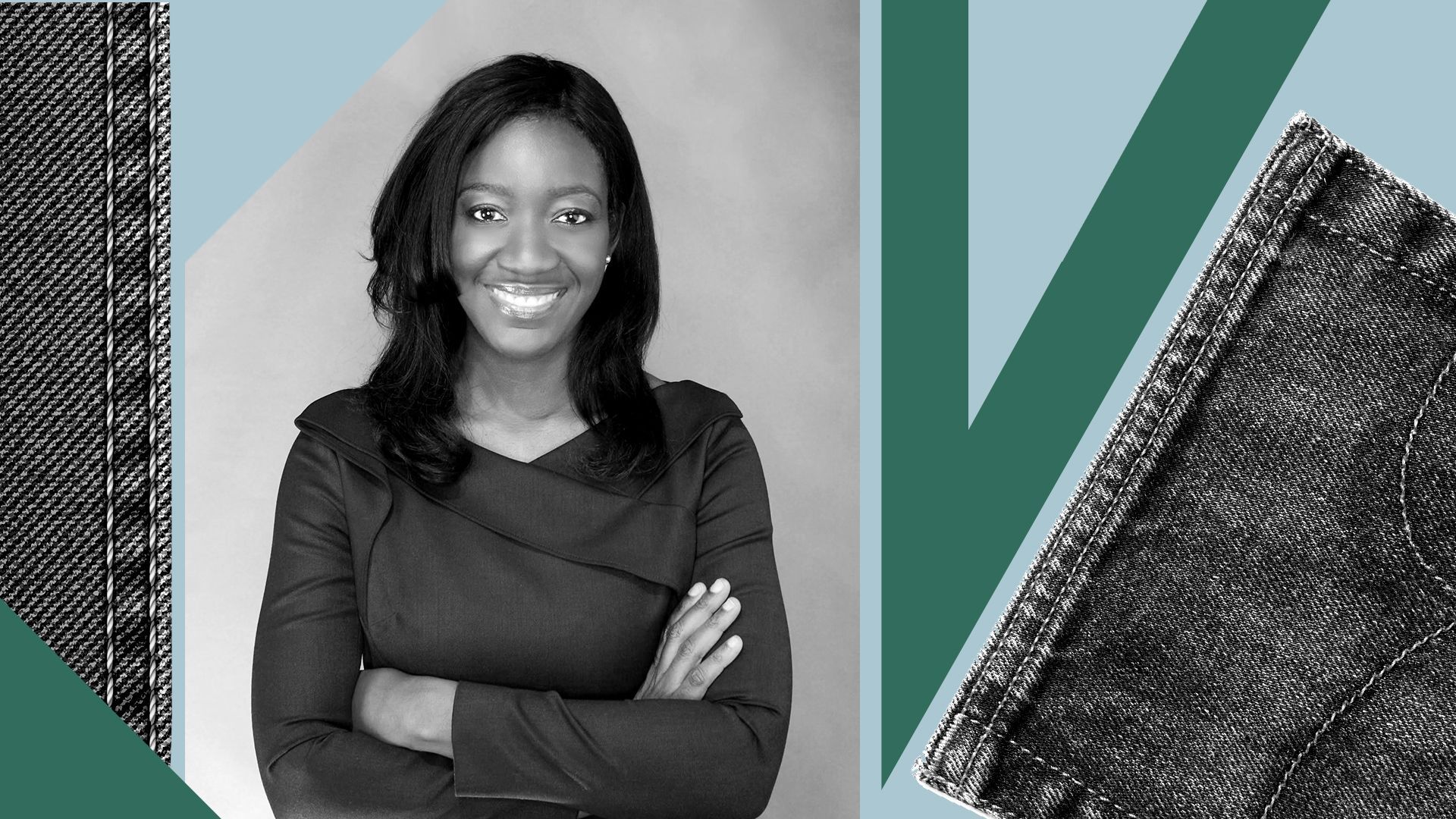 Photo illustration of Mame Annan-Brown of Kontoor Brands set among graphic shapes and denim cut-outs
