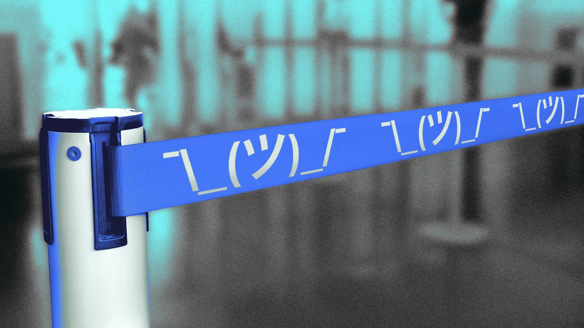 Illustration of an airport security line divider with shrug emojis printed on the tape.