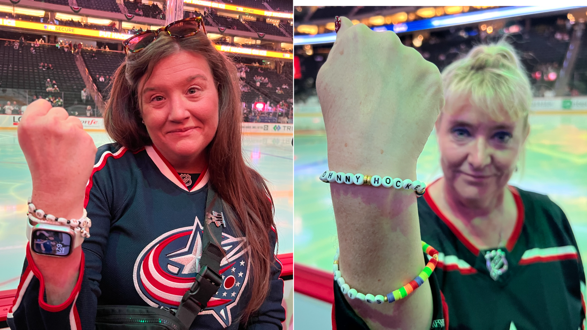 Two women hold up "Johnny Hockey" friendship bracelets