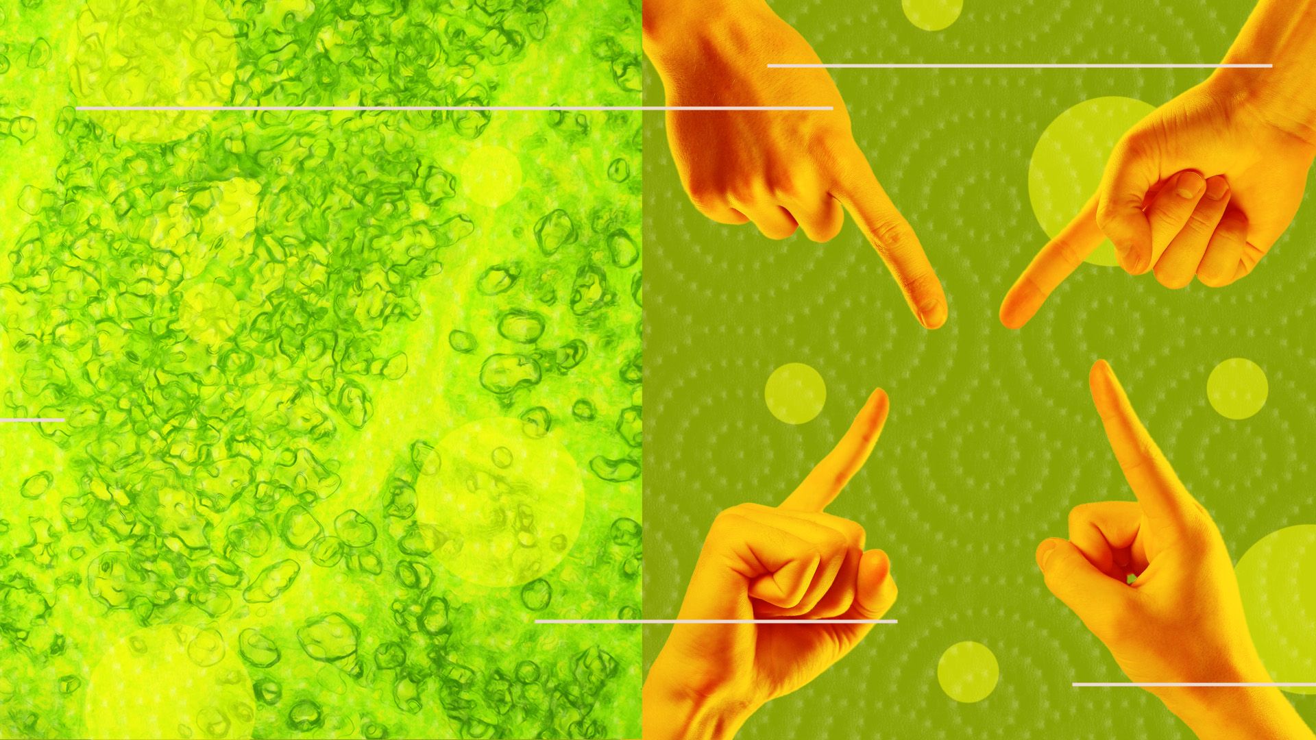 Illustrated collage of fingers pointing at each other on a textured background surrounded by abstract lines and microscopic cell imagery. 