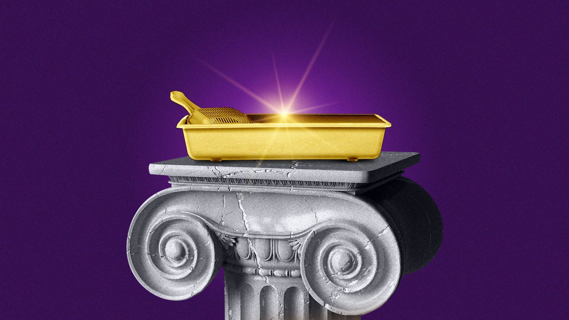 Illustration of a golden litter box on top of a pedestal.