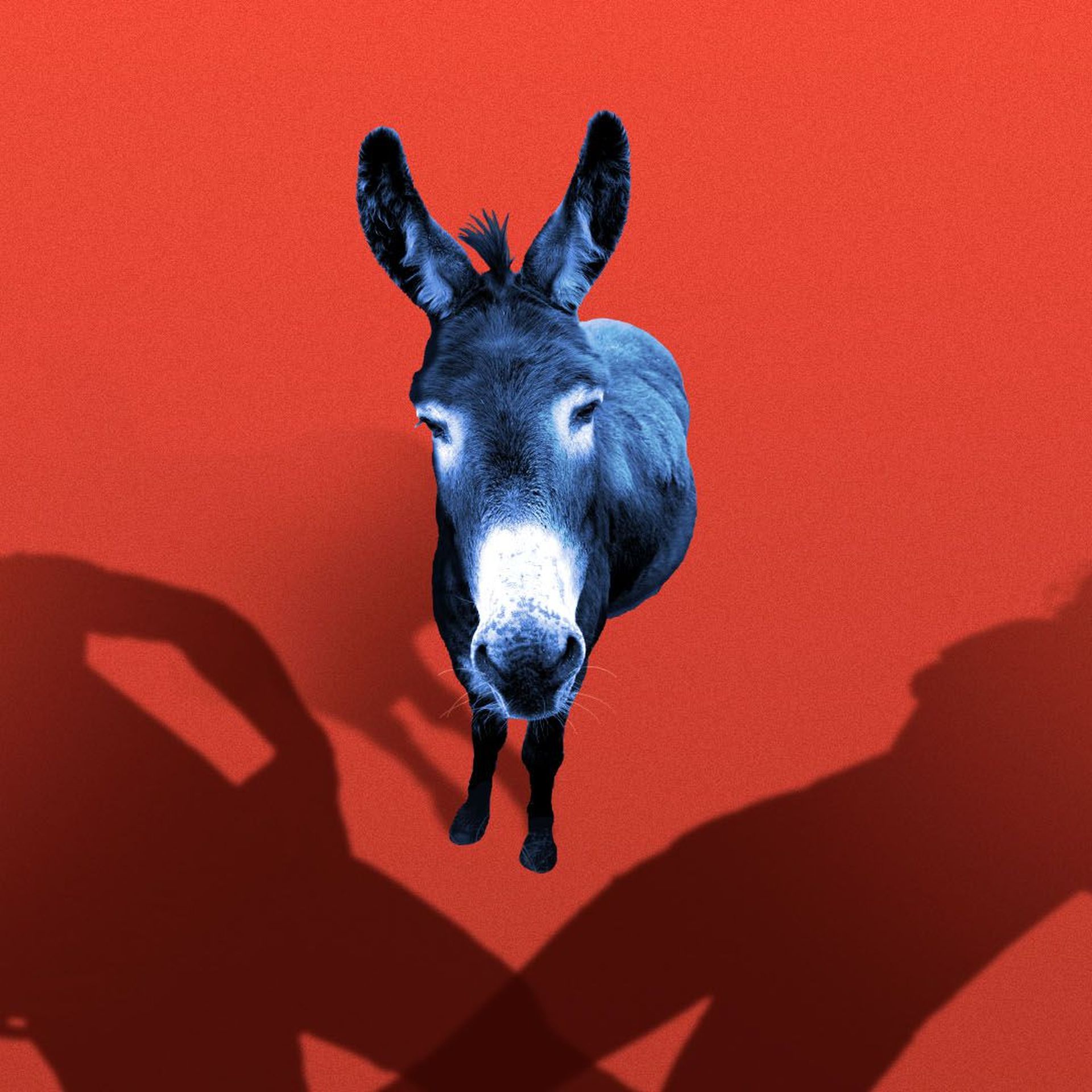 Illustration of a blue donkey with the shadows of two people on either side of it