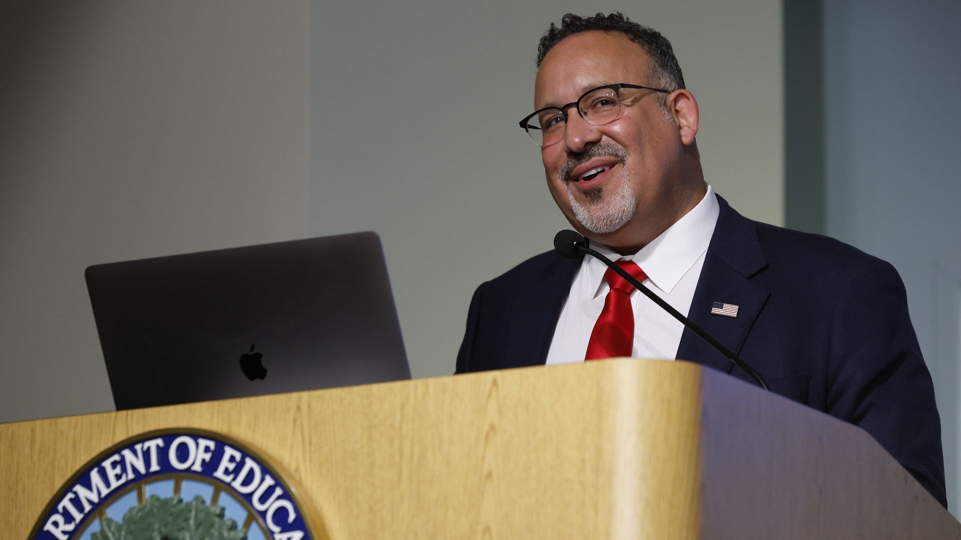 Education Secretary Miguel Cardona delivers remarks during an event to celebrate arts in education at the department's Lyndon B. Johnson headquarters building on April 19,