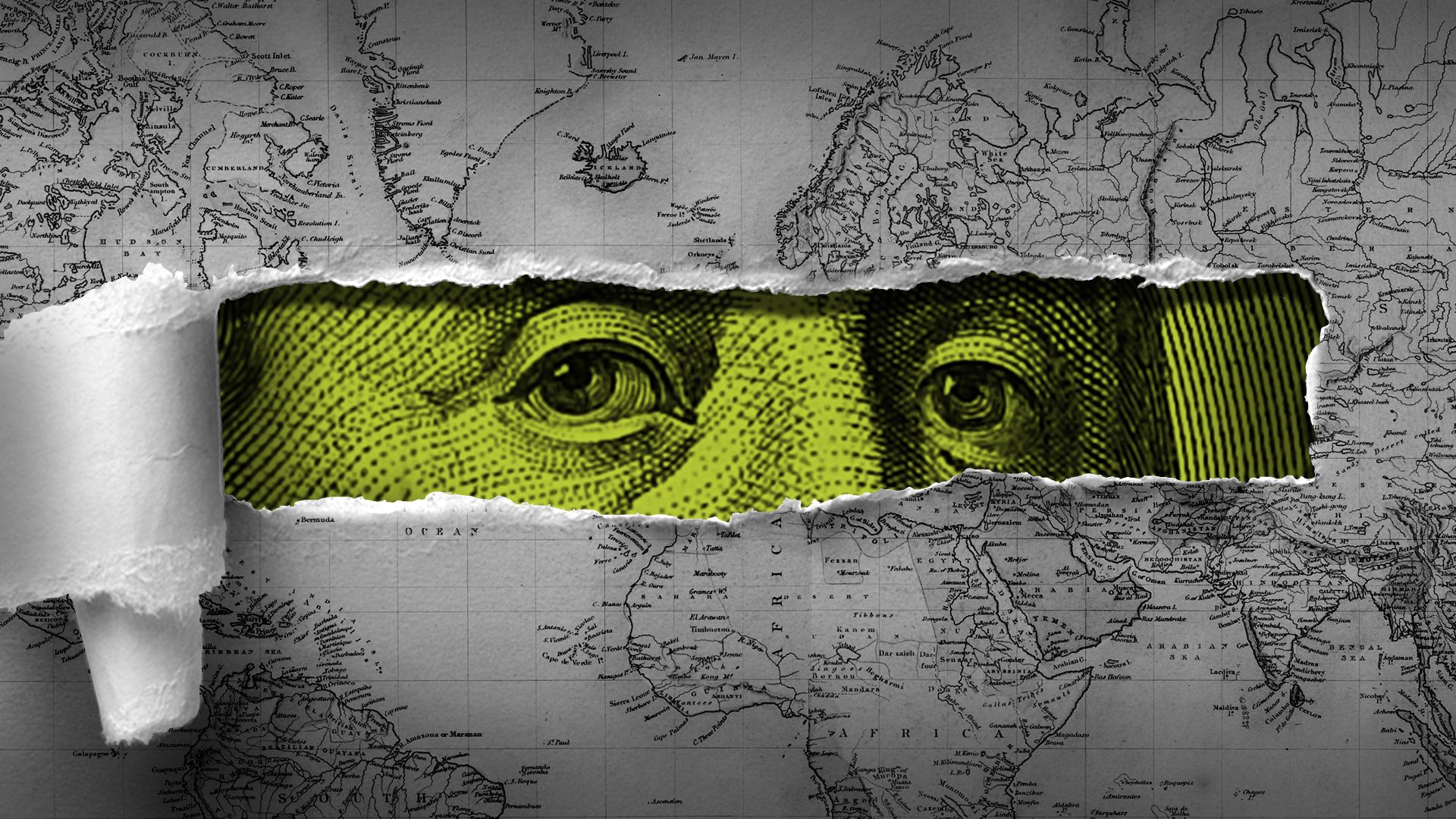 Illustration of a world map tearing to reveal a hundred dollar bill