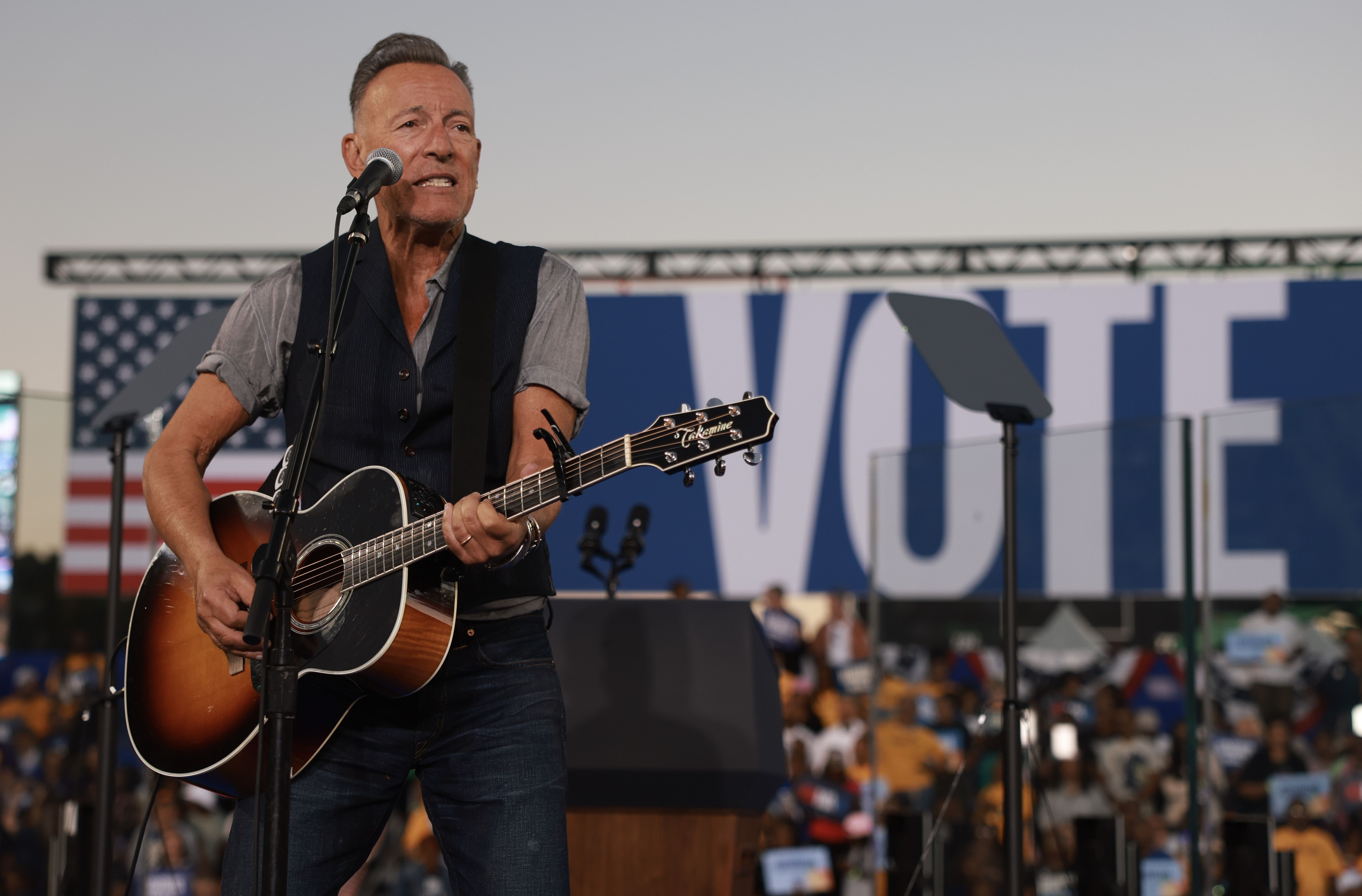 OCTOBER 24: Singer Bruce Springsteen performs before the arrival of Democratic presidential nominee, U.S. Vice President Kamala Harris, during a campaign rally at the James R Hallford Stadium on October 24, 2024 in Clarkston, Georgia