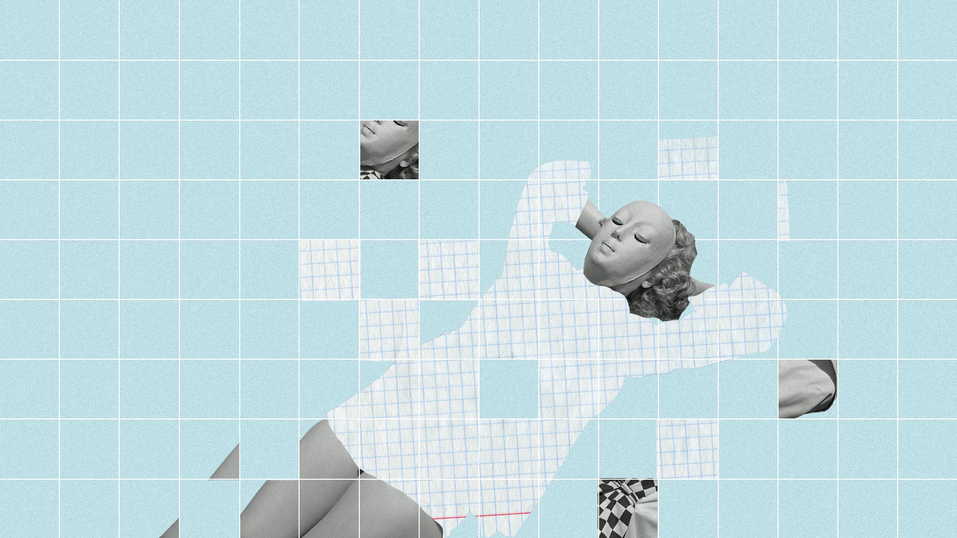 Illustrated collage of a woman wearing an anti-tan mask.