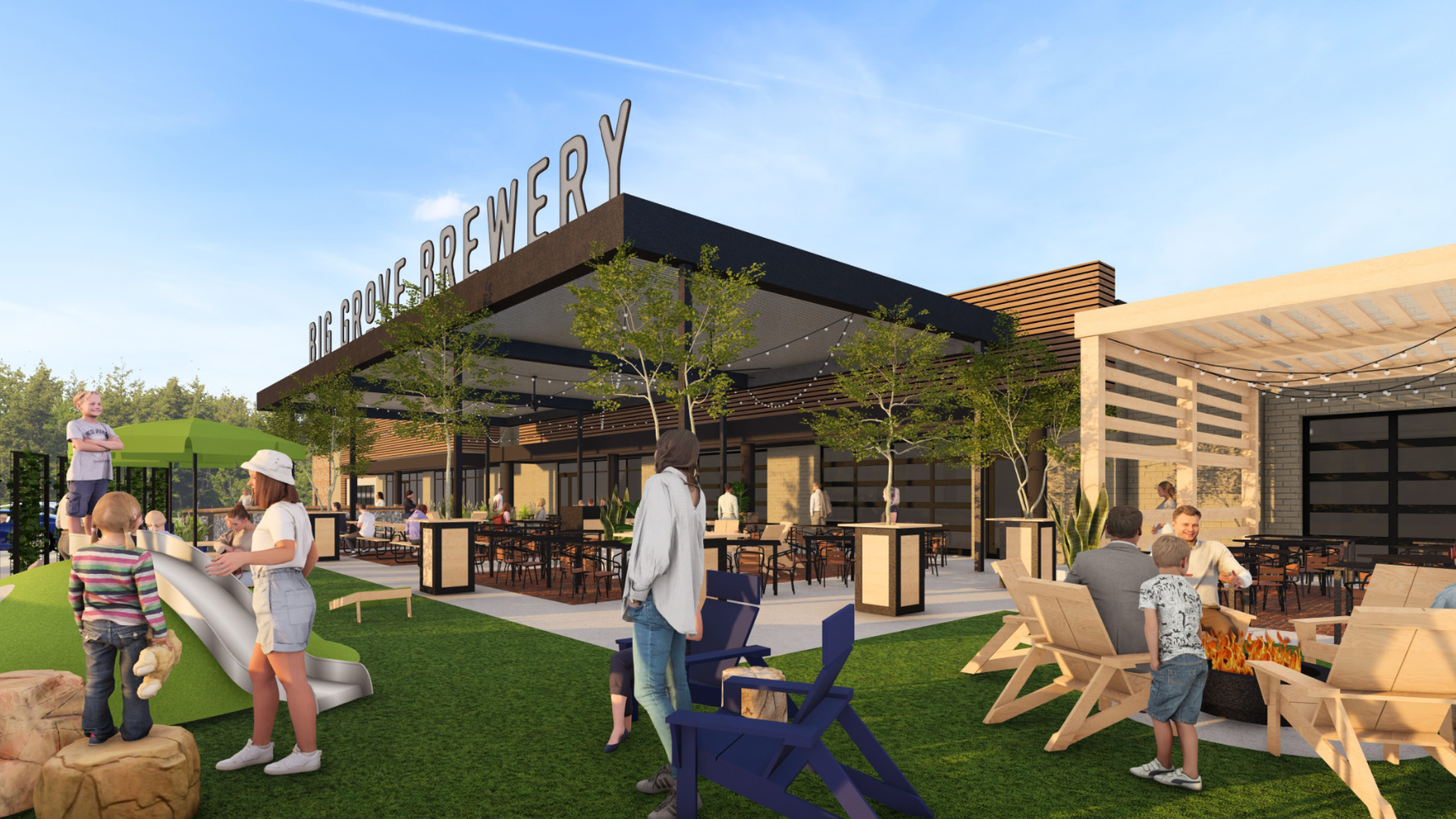 Rendering shows a turf patio with lounge chairs and a fire pit and children playing on features with an overhang sporting a sign that reads "BIG GORVE BREWERY."