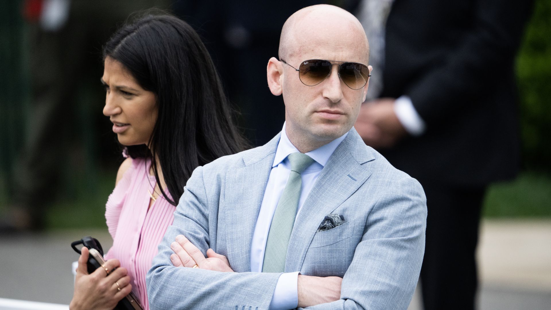Stephen Miller and his wife Katie Miller, a podcaster and former Trump adviser, attend the White House Easter Egg Roll earlier this year.