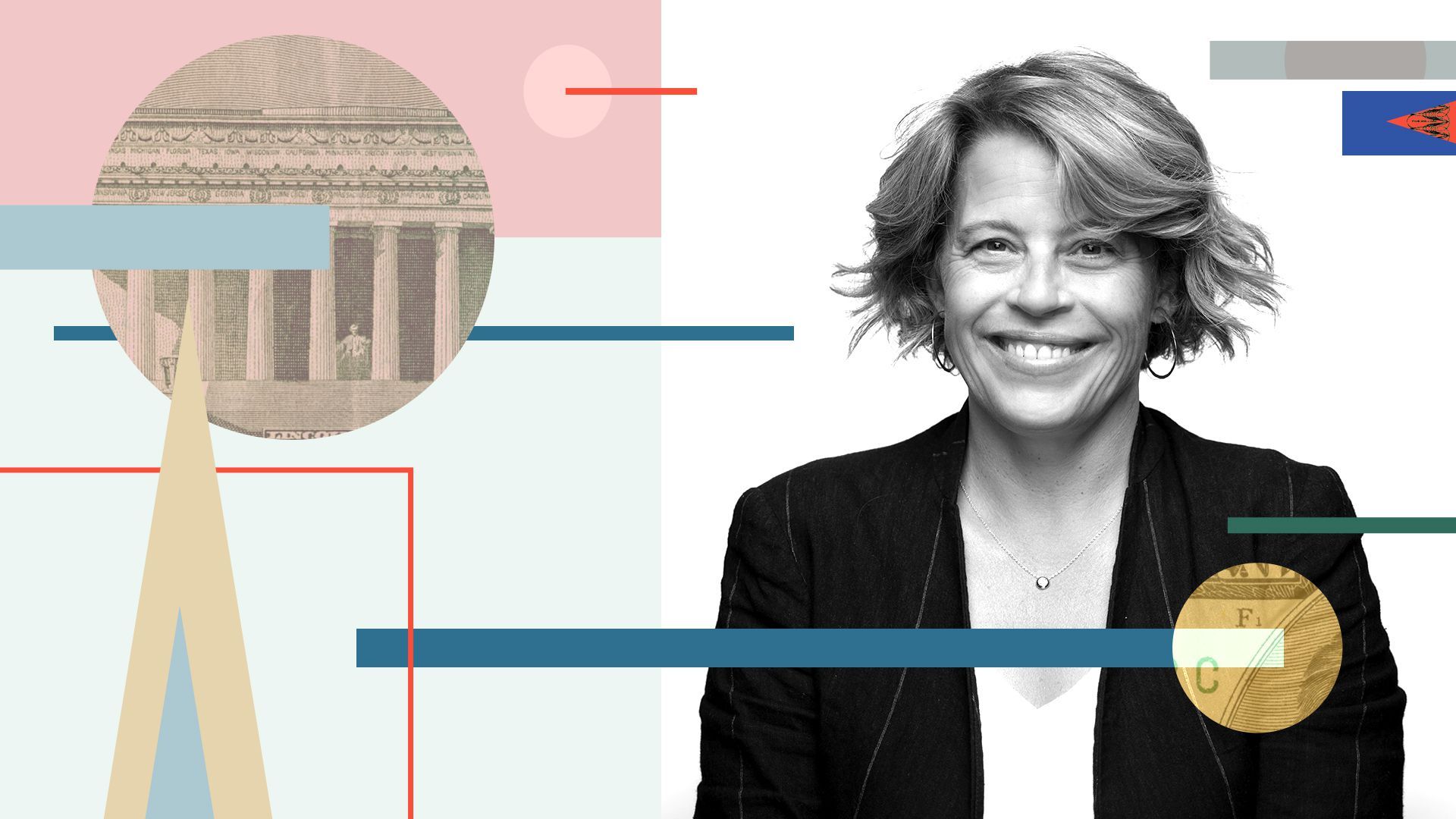 Photo illustration of Katie Rae with abstract shapes.